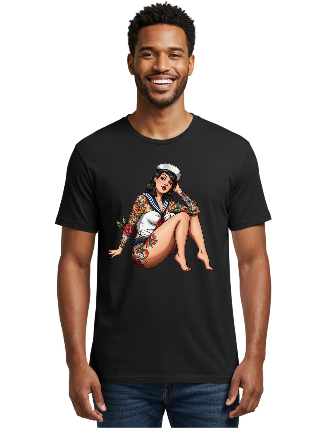 Pin-Up-Girl-Sailor Men'S Graphic Tee, 100% Cotton, Comfortable Casual Summer Wear, Machine Washable, Pin-Up Girl, Sailor Costume, Tattoos, Rose Tattoos, Nautical Theme, Vintage Style, Seductive Pose, Pin-Up Art, Body Art, Tattoo Art, Bad416 16