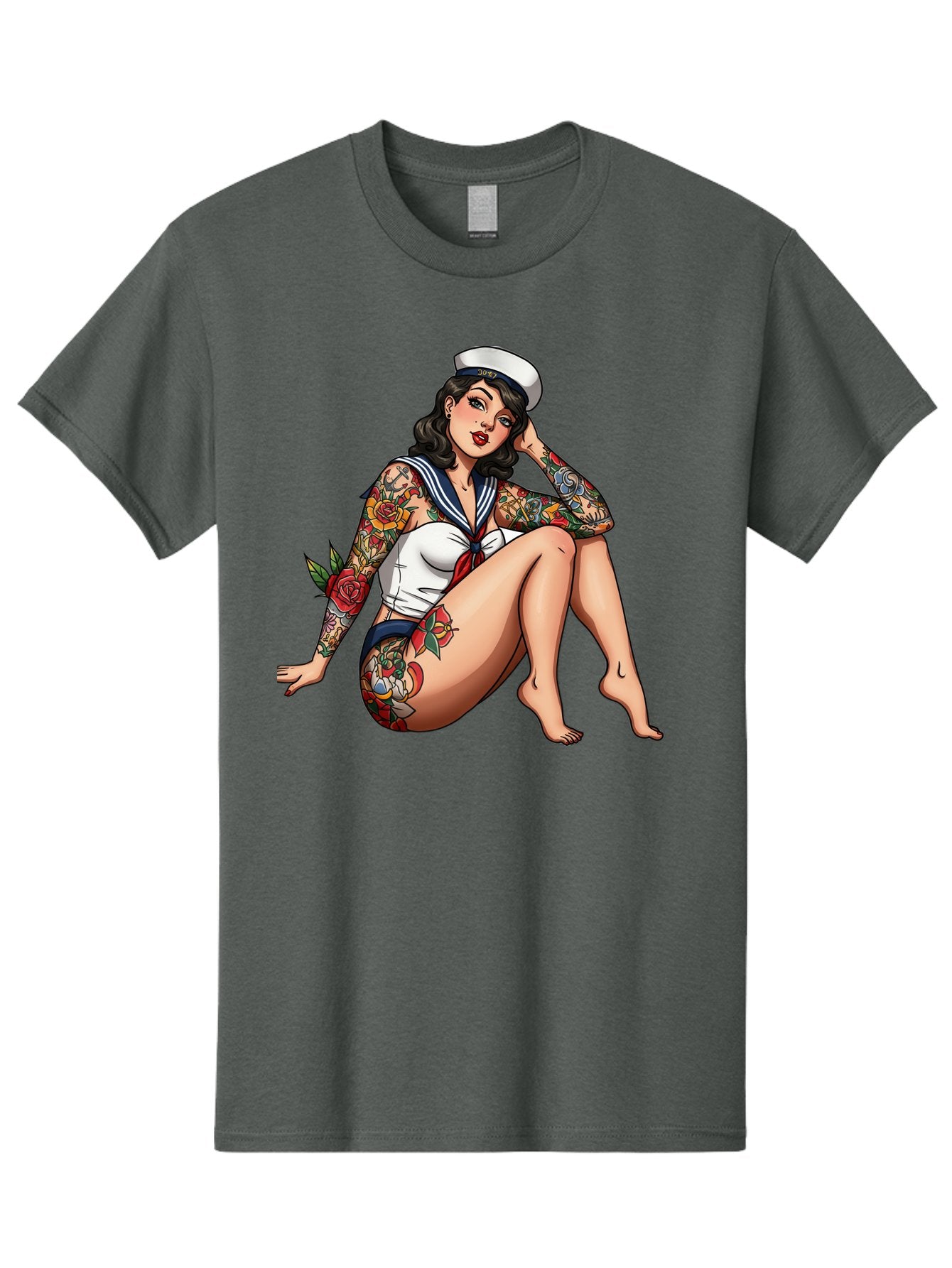 Pin-Up-Girl-Sailor Men'S Graphic Tee, 100% Cotton, Comfortable Casual Summer Wear, Machine Washable, Pin-Up Girl, Sailor Costume, Tattoos, Rose Tattoos, Nautical Theme, Vintage Style, Seductive Pose, Pin-Up Art, Body Art, Tattoo Art, Bad416 13