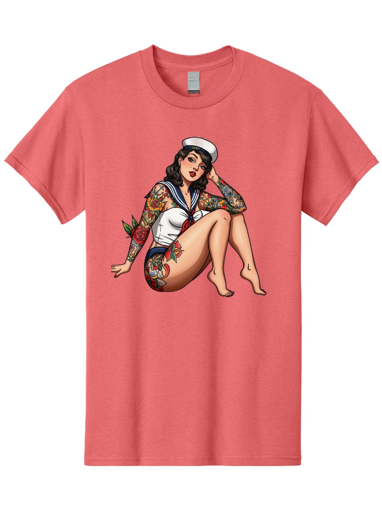 Pin-Up-Girl-Sailor Men'S Graphic Tee, 100% Cotton, Comfortable Casual Summer Wear, Machine Washable, Pin-Up Girl, Sailor Costume, Tattoos, Rose Tattoos, Nautical Theme, Vintage Style, Seductive Pose, Pin-Up Art, Body Art, Tattoo Art, Bad416 3