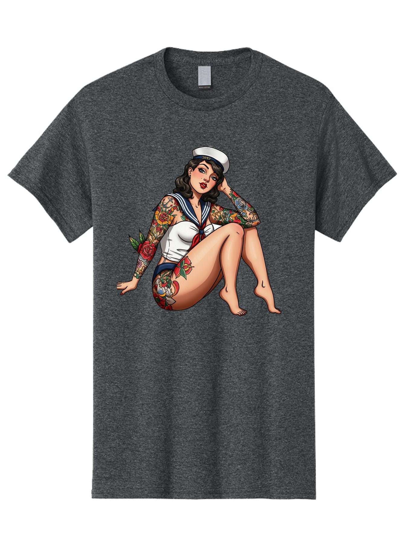 Pin-Up-Girl-Sailor Men'S Graphic Tee, 100% Cotton, Comfortable Casual Summer Wear, Machine Washable, Pin-Up Girl, Sailor Costume, Tattoos, Rose Tattoos, Nautical Theme, Vintage Style, Seductive Pose, Pin-Up Art, Body Art, Tattoo Art, Bad416 10