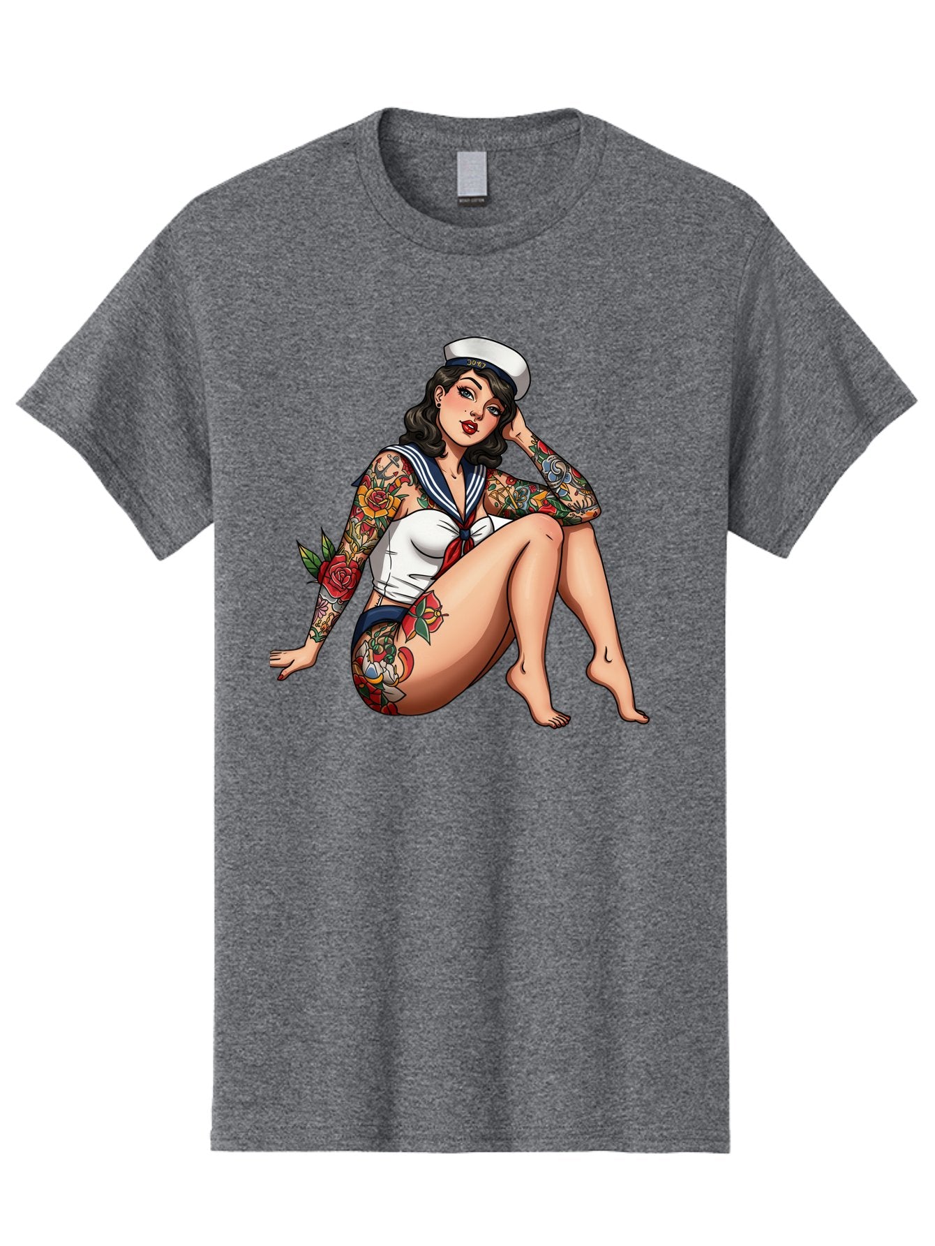 Pin-Up-Girl-Sailor Men'S Graphic Tee, 100% Cotton, Comfortable Casual Summer Wear, Machine Washable, Pin-Up Girl, Sailor Costume, Tattoos, Rose Tattoos, Nautical Theme, Vintage Style, Seductive Pose, Pin-Up Art, Body Art, Tattoo Art, Bad416 12