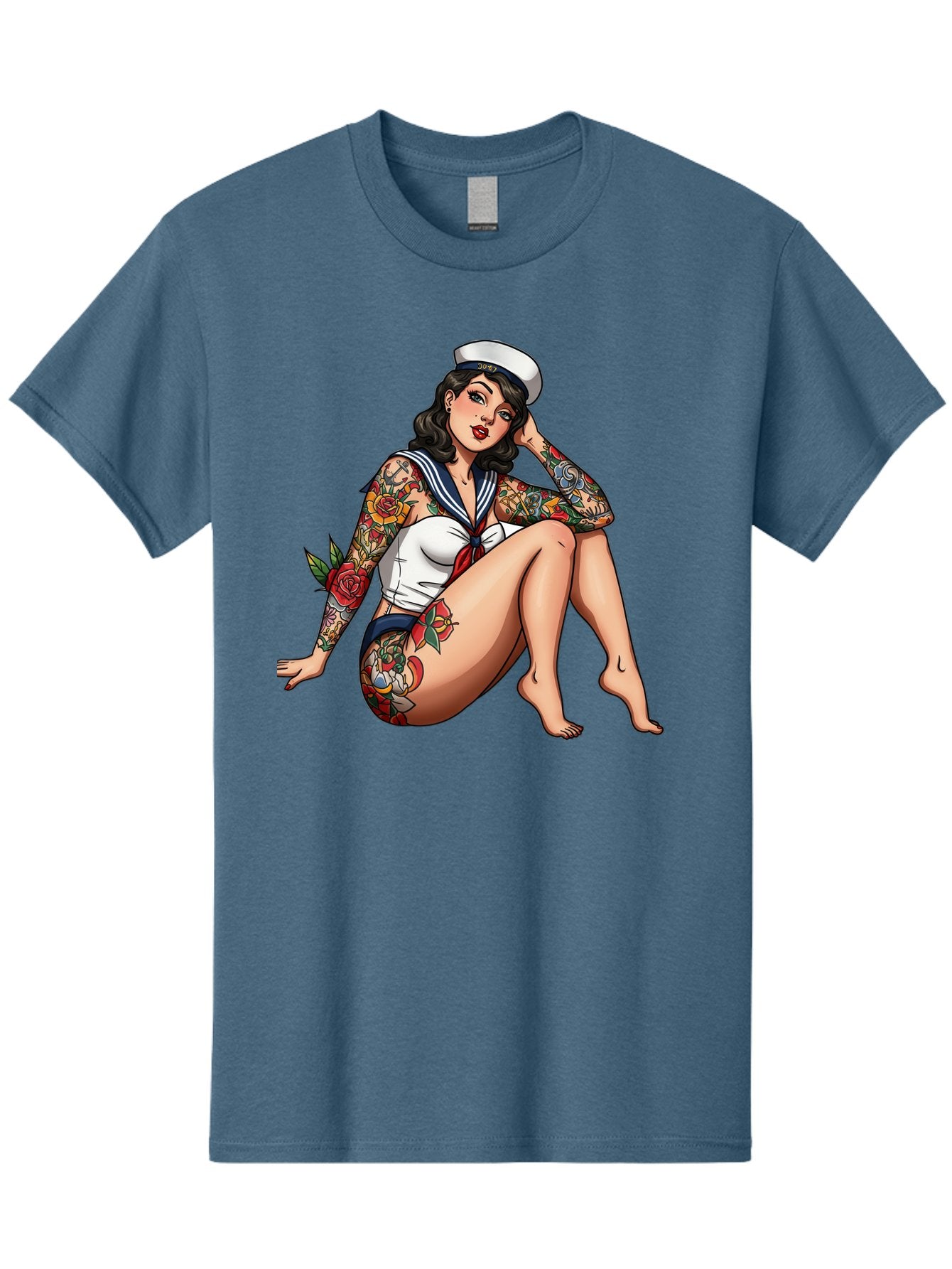 Pin-Up-Girl-Sailor Men'S Graphic Tee, 100% Cotton, Comfortable Casual Summer Wear, Machine Washable, Pin-Up Girl, Sailor Costume, Tattoos, Rose Tattoos, Nautical Theme, Vintage Style, Seductive Pose, Pin-Up Art, Body Art, Tattoo Art, Bad416 9