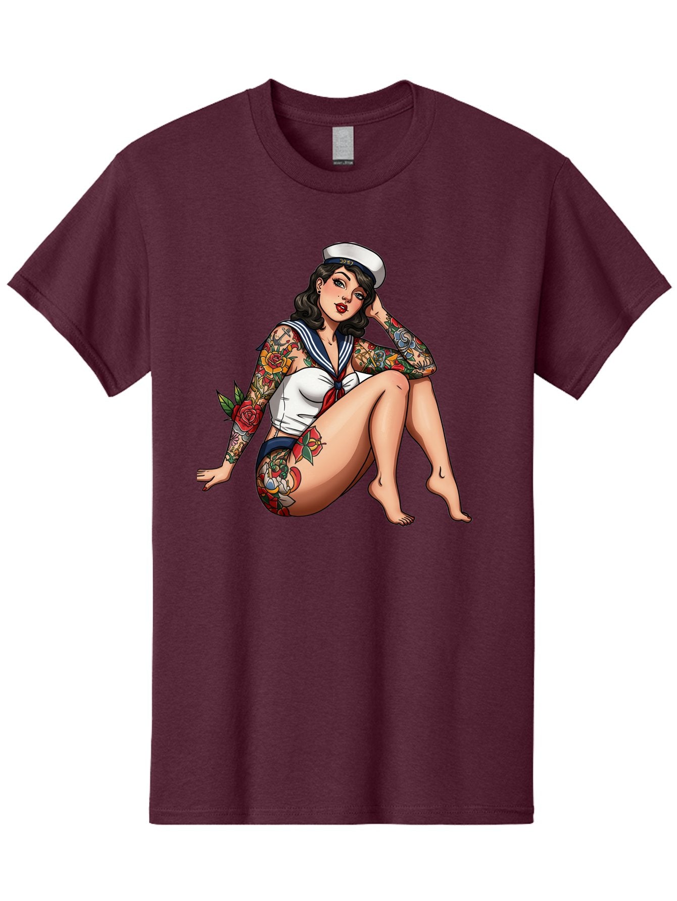 Pin-Up-Girl-Sailor Men'S Graphic Tee, 100% Cotton, Comfortable Casual Summer Wear, Machine Washable, Pin-Up Girl, Sailor Costume, Tattoos, Rose Tattoos, Nautical Theme, Vintage Style, Seductive Pose, Pin-Up Art, Body Art, Tattoo Art, Bad416 15