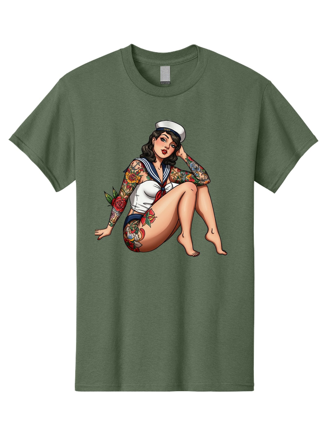 Pin-Up-Girl-Sailor Men'S Graphic Tee, 100% Cotton, Comfortable Casual Summer Wear, Machine Washable, Pin-Up Girl, Sailor Costume, Tattoos, Rose Tattoos, Nautical Theme, Vintage Style, Seductive Pose, Pin-Up Art, Body Art, Tattoo Art, Bad416