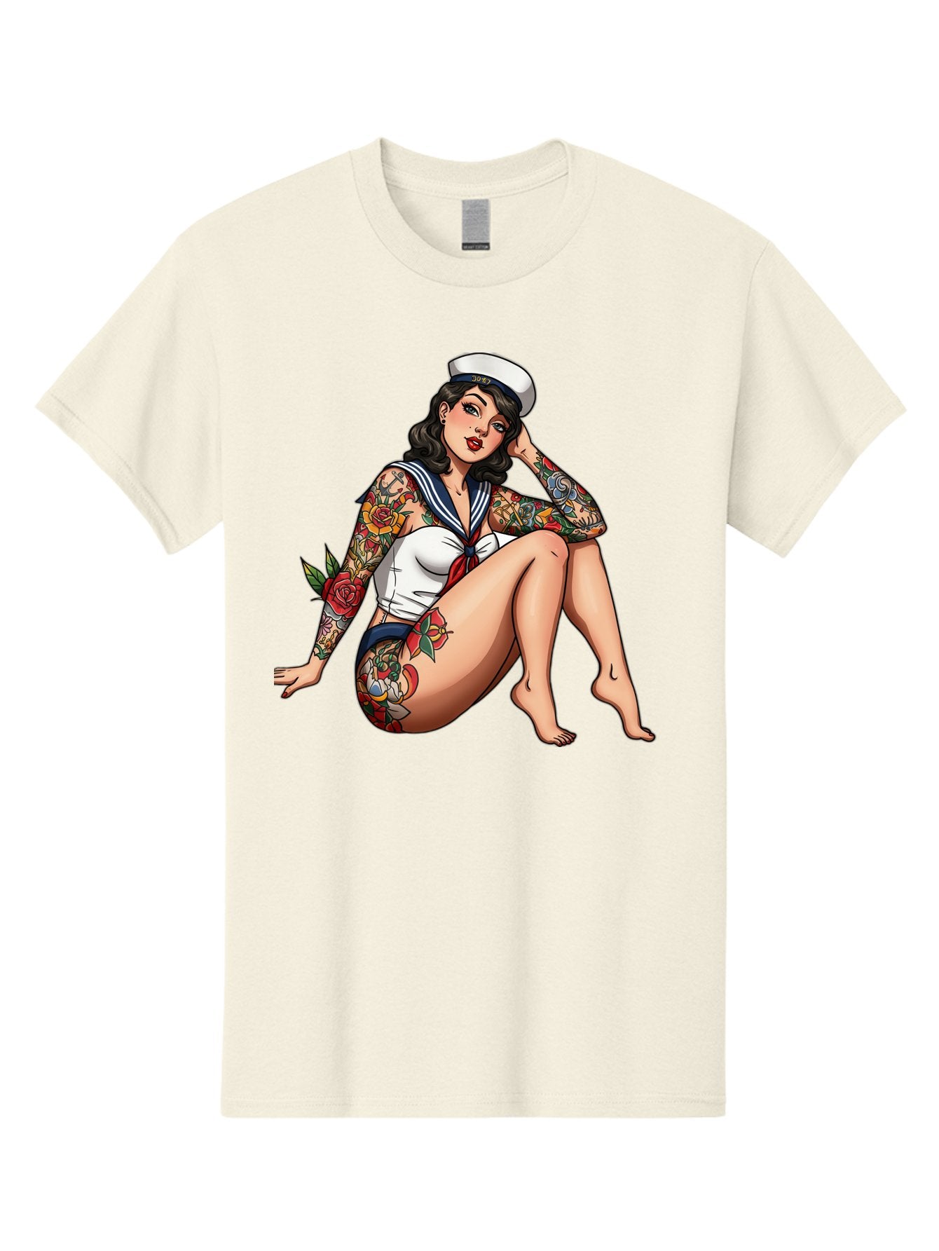 Pin-Up-Girl-Sailor Men'S Graphic Tee, 100% Cotton, Comfortable Casual Summer Wear, Machine Washable, Pin-Up Girl, Sailor Costume, Tattoos, Rose Tattoos, Nautical Theme, Vintage Style, Seductive Pose, Pin-Up Art, Body Art, Tattoo Art, Bad416