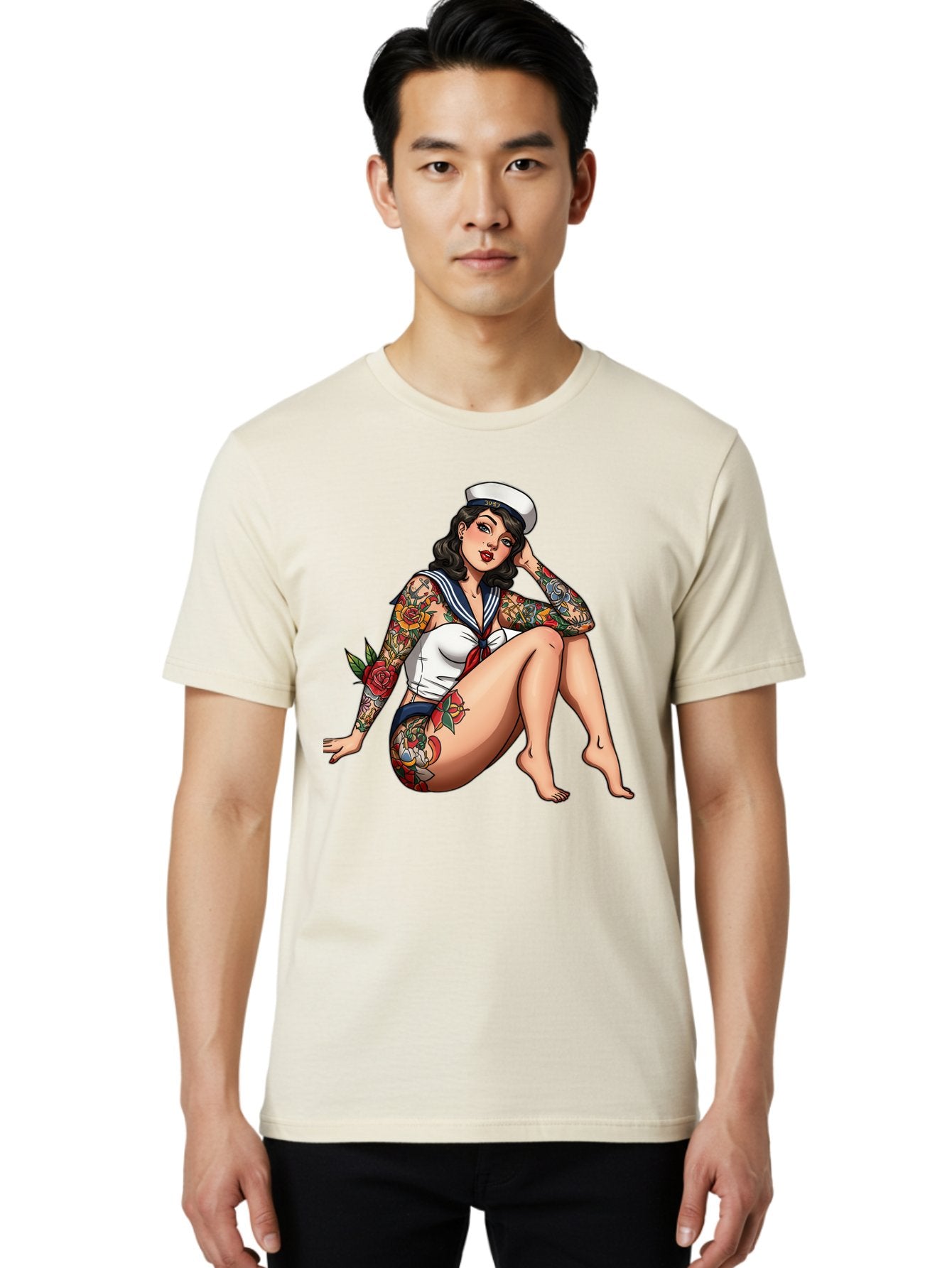 Pin-Up-Girl-Sailor Men'S Graphic Tee, 100% Cotton, Comfortable Casual Summer Wear, Machine Washable, Pin-Up Girl, Sailor Costume, Tattoos, Rose Tattoos, Nautical Theme, Vintage Style, Seductive Pose, Pin-Up Art, Body Art, Tattoo Art, Bad416 19