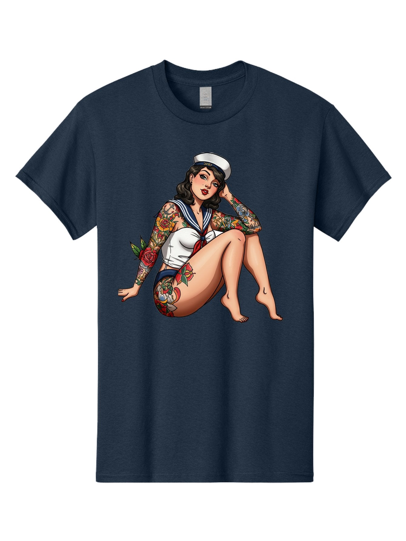 Pin-Up-Girl-Sailor Men'S Graphic Tee, 100% Cotton, Comfortable Casual Summer Wear, Machine Washable, Pin-Up Girl, Sailor Costume, Tattoos, Rose Tattoos, Nautical Theme, Vintage Style, Seductive Pose, Pin-Up Art, Body Art, Tattoo Art, Bad416 6