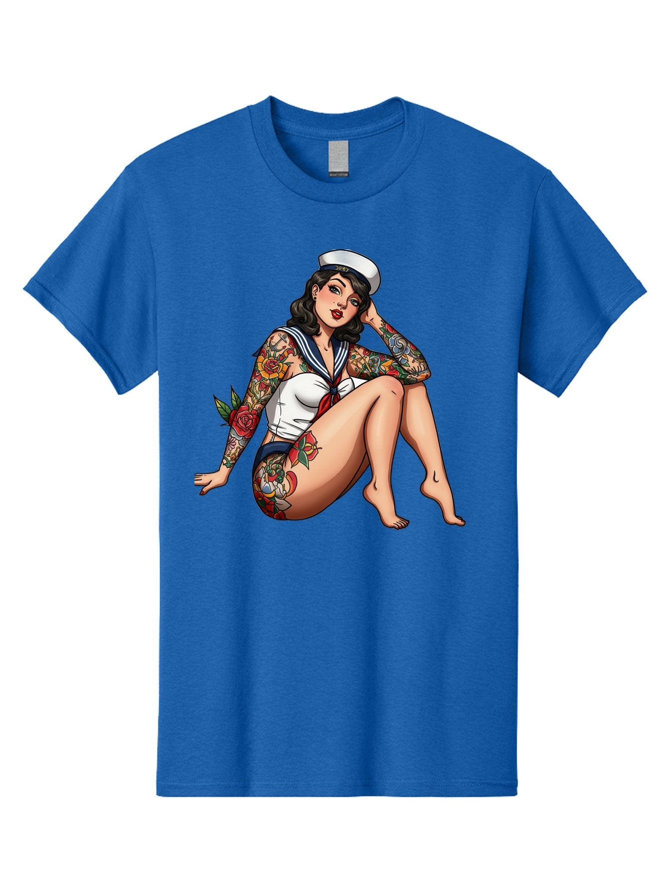 Pin-Up-Girl-Sailor Men'S Graphic Tee, 100% Cotton, Comfortable Casual Summer Wear, Machine Washable, Pin-Up Girl, Sailor Costume, Tattoos, Rose Tattoos, Nautical Theme, Vintage Style, Seductive Pose, Pin-Up Art, Body Art, Tattoo Art, Bad416 4