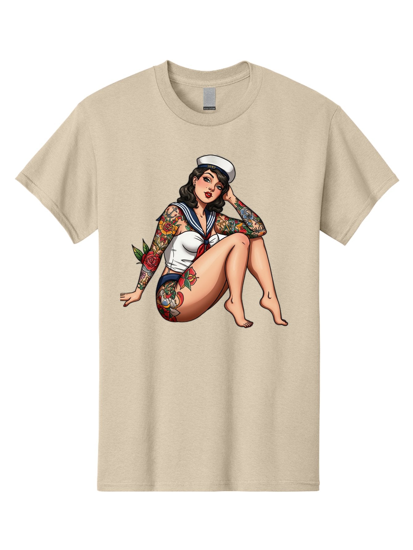 Pin-Up-Girl-Sailor Men'S Graphic Tee, 100% Cotton, Comfortable Casual Summer Wear, Machine Washable, Pin-Up Girl, Sailor Costume, Tattoos, Rose Tattoos, Nautical Theme, Vintage Style, Seductive Pose, Pin-Up Art, Body Art, Tattoo Art, Bad416 11