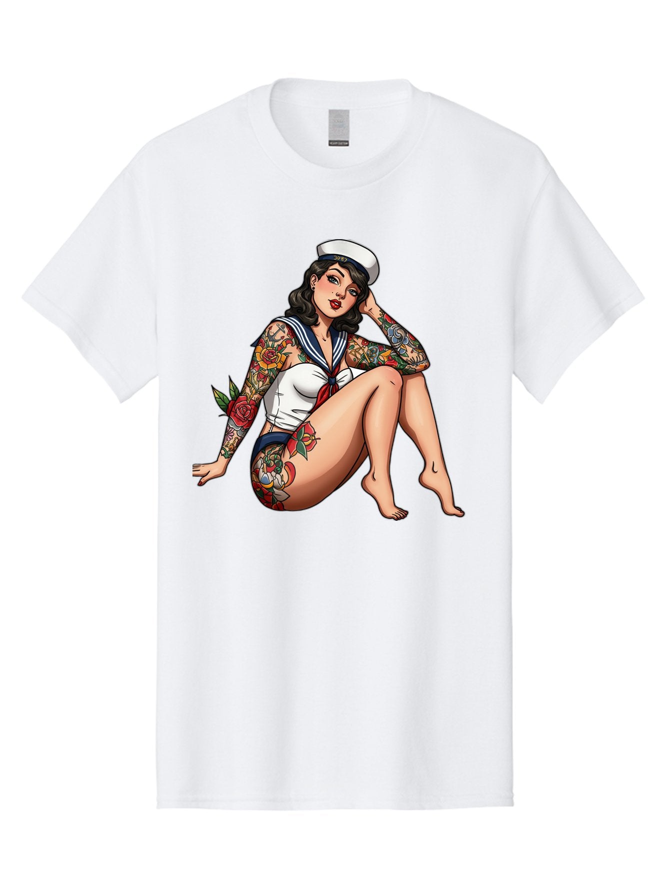 Pin-Up-Girl-Sailor Men'S Graphic Tee, 100% Cotton, Comfortable Casual Summer Wear, Machine Washable, Pin-Up Girl, Sailor Costume, Tattoos, Rose Tattoos, Nautical Theme, Vintage Style, Seductive Pose, Pin-Up Art, Body Art, Tattoo Art, Bad416 14