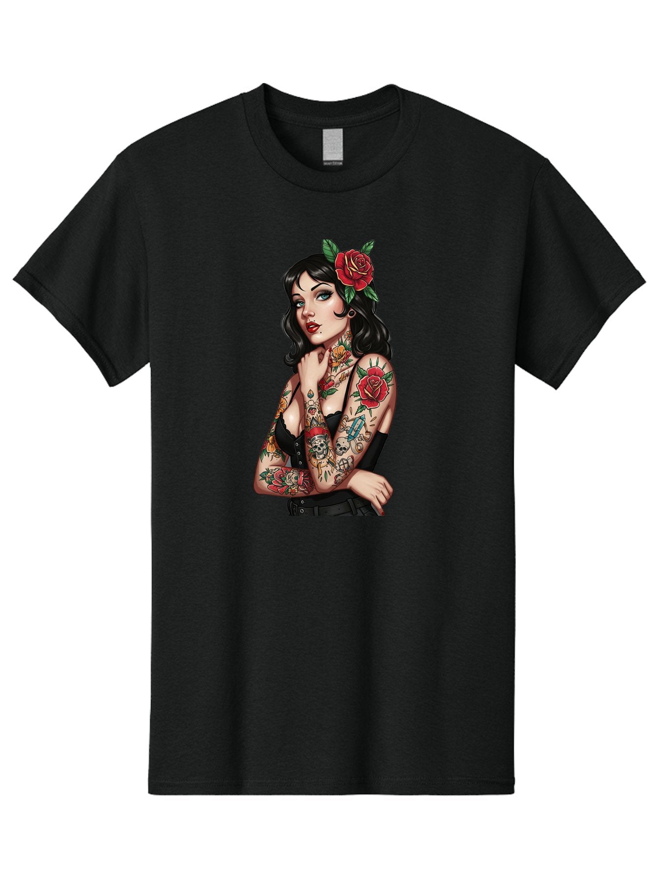Pin-Up-Girl-Tattoos Men'S Graphic Tee, 100% Cotton, Comfortable Casual Summer Wear, Machine Washable, Tattooed Pin-Up Girl, Vintage Style, Rose In Hair, Arm Tattoos, Roses, Skull, Dagger, Edgy, Feminine Charm, Classic Tattoo Art, Body Art Bad417 6