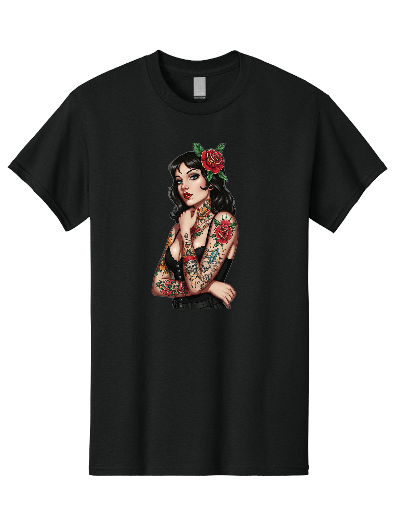 Pin-Up-Girl-Tattoos Men'S Graphic Tee, 100% Cotton, Comfortable Casual Summer Wear, Machine Washable, Tattooed Pin-Up Girl, Vintage Style, Rose In Hair, Arm Tattoos, Roses, Skull, Dagger, Edgy, Feminine Charm, Classic Tattoo Art, Body Art Bad417 7