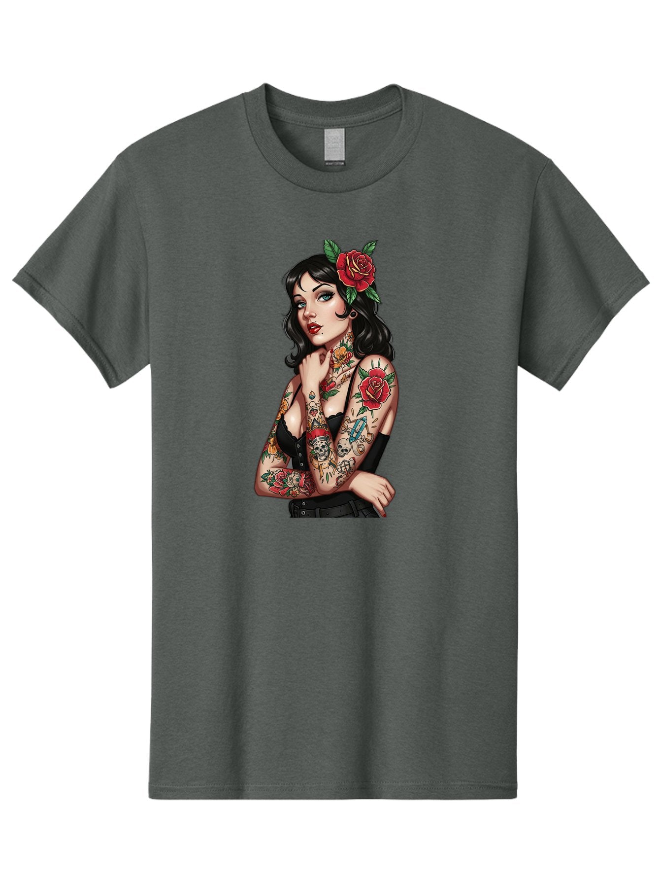 Pin-Up-Girl-Tattoos Men'S Graphic Tee, 100% Cotton, Comfortable Casual Summer Wear, Machine Washable, Tattooed Pin-Up Girl, Vintage Style, Rose In Hair, Arm Tattoos, Roses, Skull, Dagger, Edgy, Feminine Charm, Classic Tattoo Art, Body Art Bad417 5