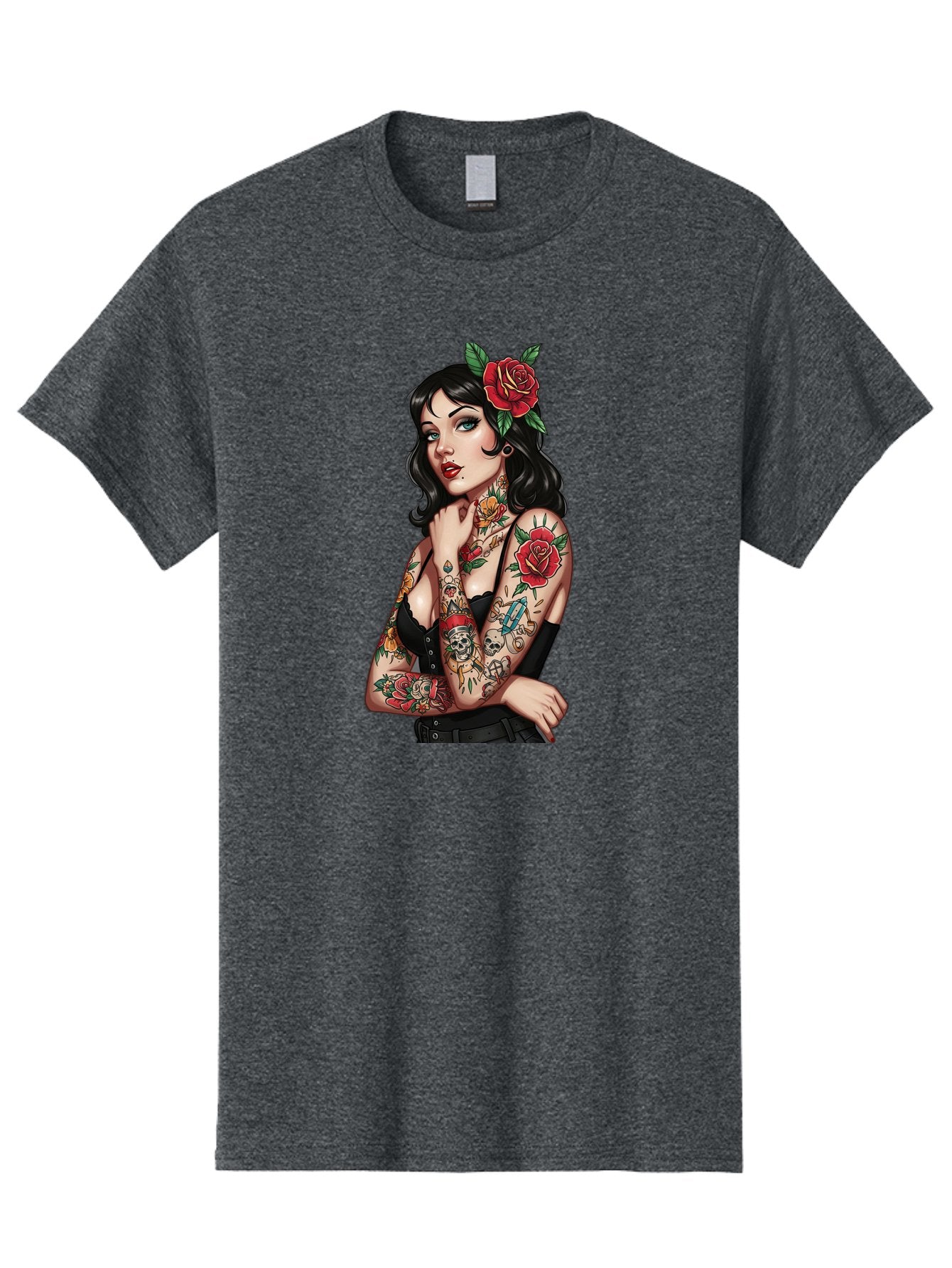 Pin-Up-Girl-Tattoos Men'S Graphic Tee, 100% Cotton, Comfortable Casual Summer Wear, Machine Washable, Tattooed Pin-Up Girl, Vintage Style, Rose In Hair, Arm Tattoos, Roses, Skull, Dagger, Edgy, Feminine Charm, Classic Tattoo Art, Body Art Bad417 12