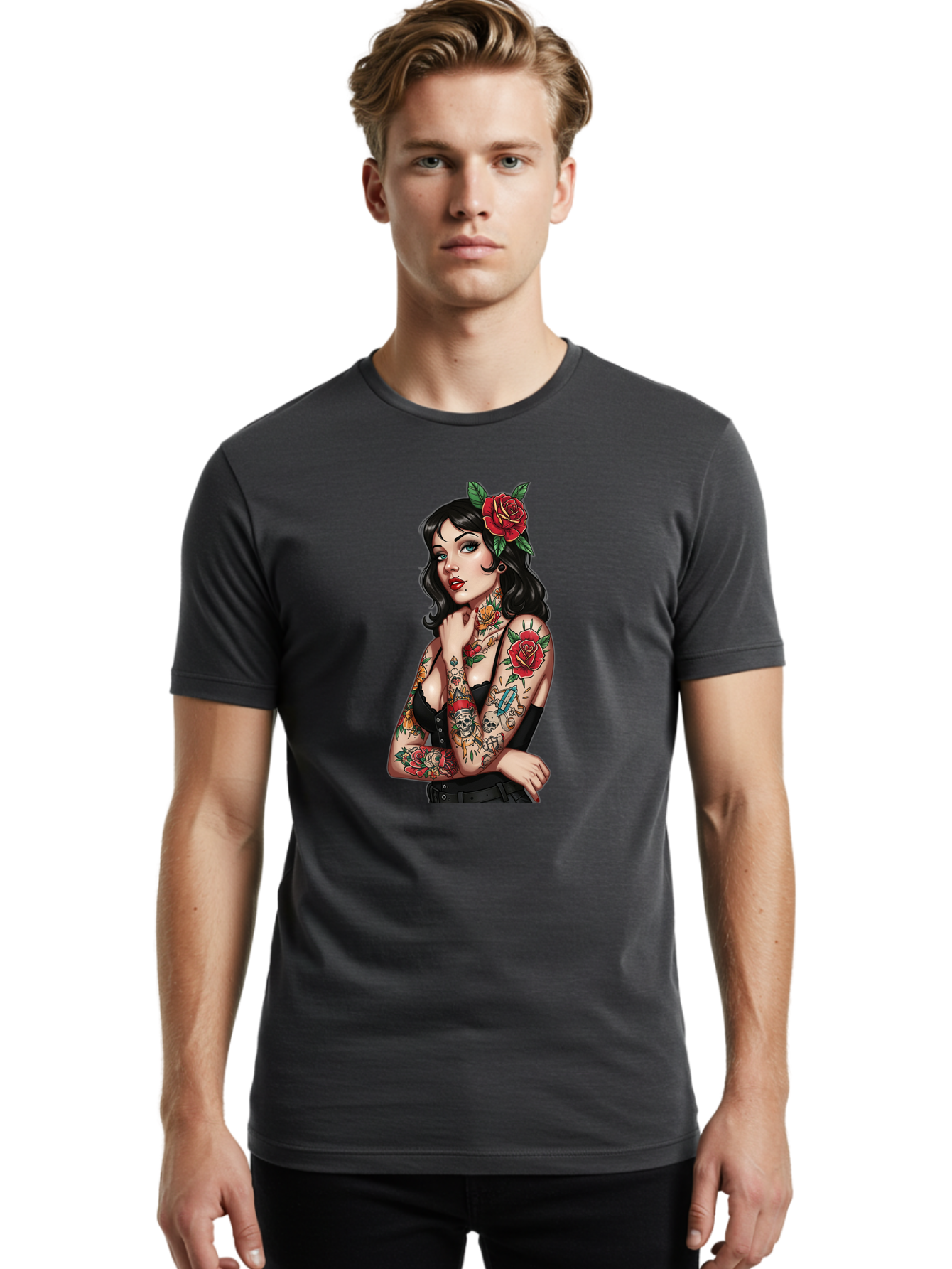 Pin-Up-Girl-Tattoos Men'S Graphic Tee, 100% Cotton, Comfortable Casual Summer Wear, Machine Washable, Tattooed Pin-Up Girl, Vintage Style, Rose In Hair, Arm Tattoos, Roses, Skull, Dagger, Edgy, Feminine Charm, Classic Tattoo Art, Body Art Bad417 18