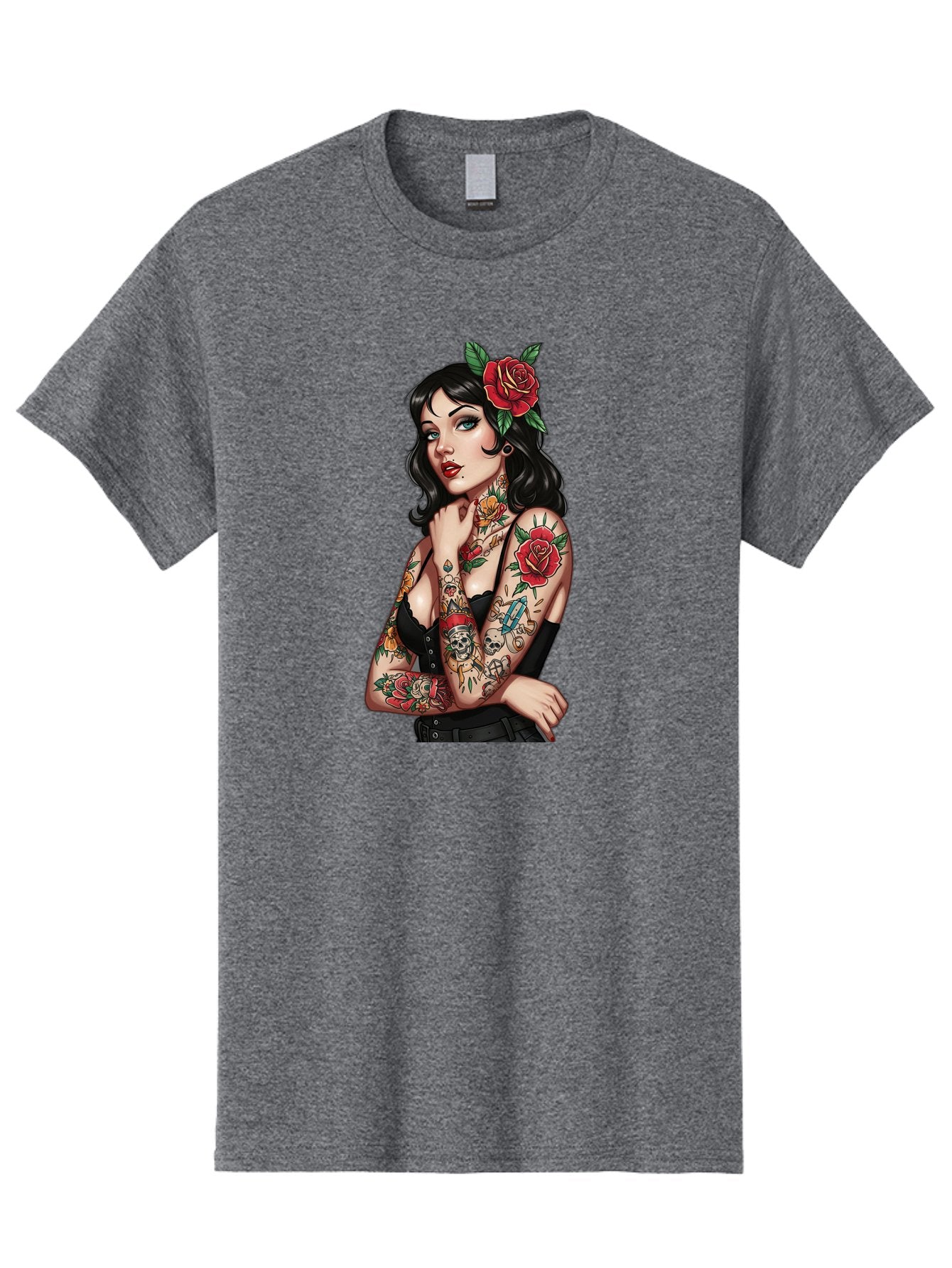 Pin-Up-Girl-Tattoos Men'S Graphic Tee, 100% Cotton, Comfortable Casual Summer Wear, Machine Washable, Tattooed Pin-Up Girl, Vintage Style, Rose In Hair, Arm Tattoos, Roses, Skull, Dagger, Edgy, Feminine Charm, Classic Tattoo Art, Body Art Bad417