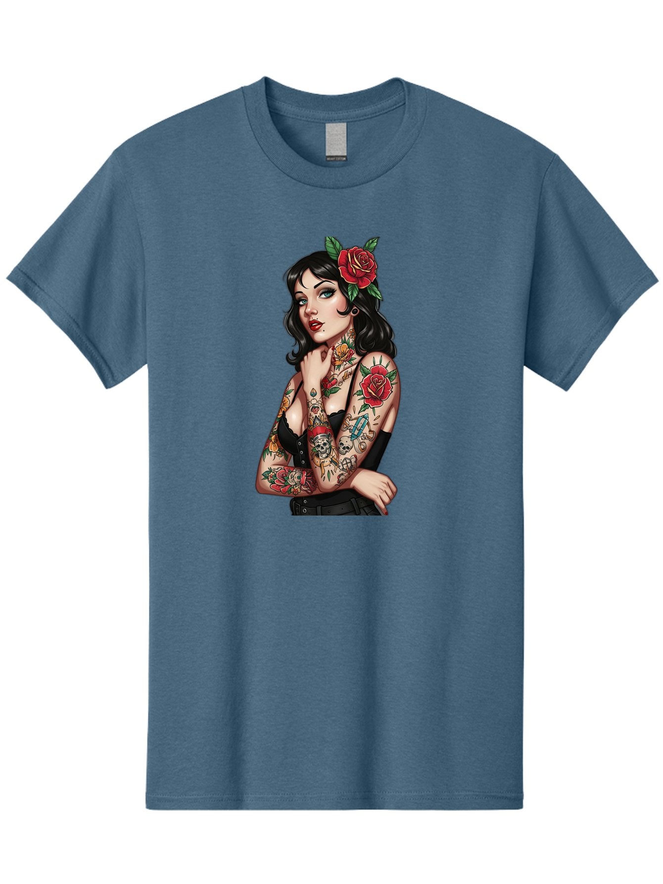 Pin-Up-Girl-Tattoos Men'S Graphic Tee, 100% Cotton, Comfortable Casual Summer Wear, Machine Washable, Tattooed Pin-Up Girl, Vintage Style, Rose In Hair, Arm Tattoos, Roses, Skull, Dagger, Edgy, Feminine Charm, Classic Tattoo Art, Body Art Bad417 8