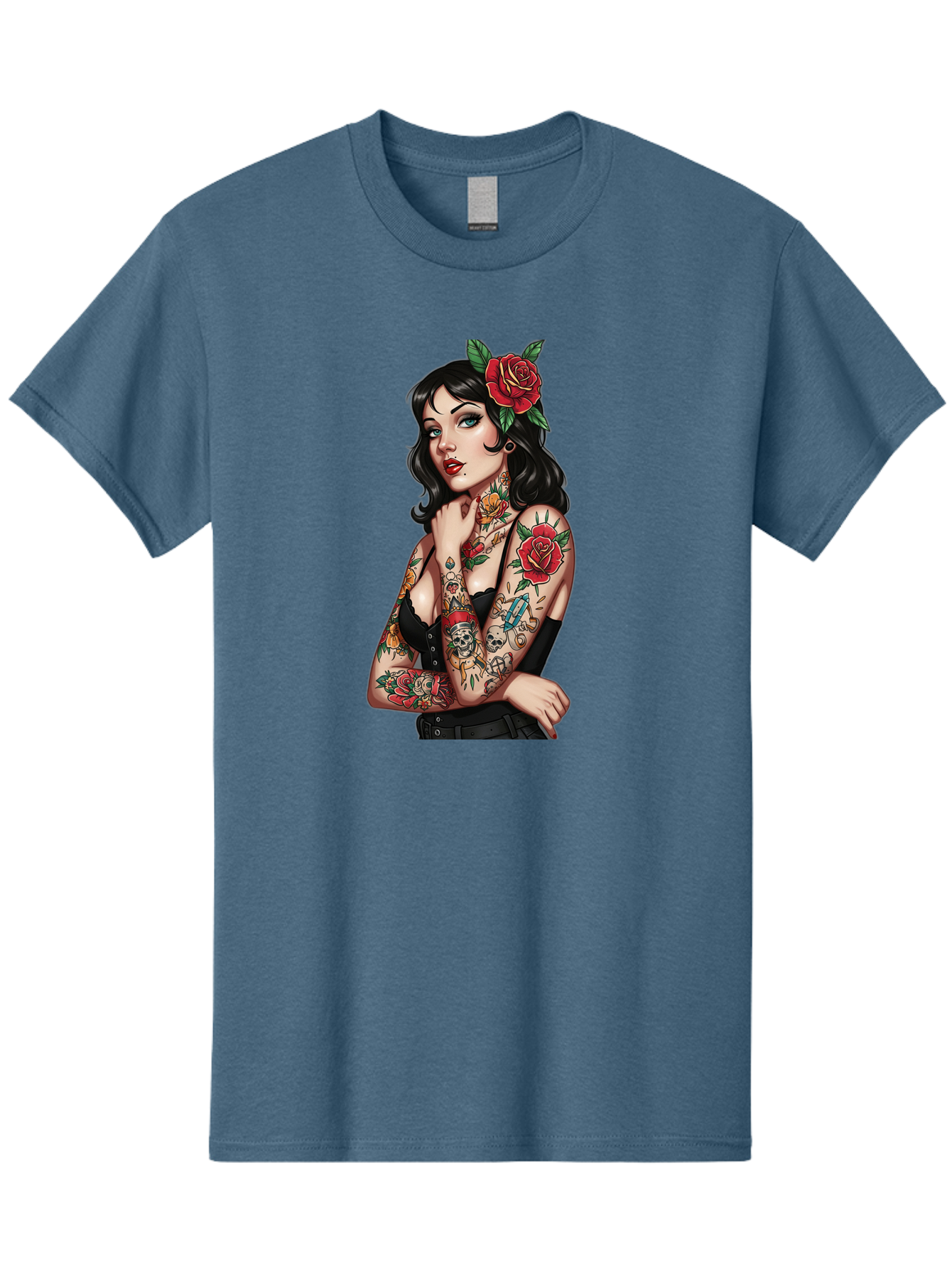 Pin-Up-Girl-Tattoos Men'S Graphic Tee, 100% Cotton, Comfortable Casual Summer Wear, Machine Washable, Tattooed Pin-Up Girl, Vintage Style, Rose In Hair, Arm Tattoos, Roses, Skull, Dagger, Edgy, Feminine Charm, Classic Tattoo Art, Body Art Bad417 6