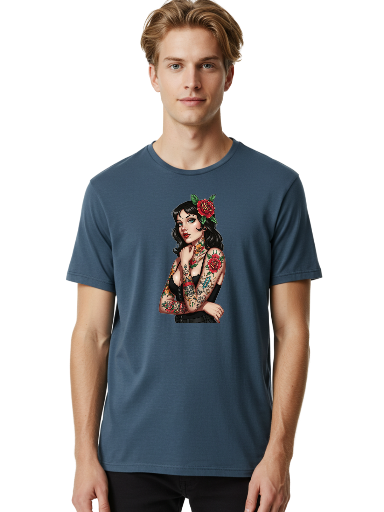 Pin-Up-Girl-Tattoos Men'S Graphic Tee, 100% Cotton, Comfortable Casual Summer Wear, Machine Washable, Tattooed Pin-Up Girl, Vintage Style, Rose In Hair, Arm Tattoos, Roses, Skull, Dagger, Edgy, Feminine Charm, Classic Tattoo Art, Body Art Bad417 21