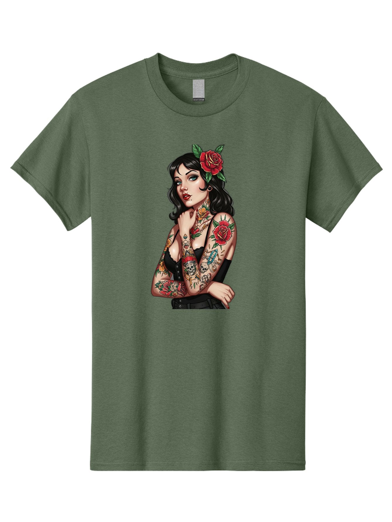 Pin-Up-Girl-Tattoos Men'S Graphic Tee, 100% Cotton, Comfortable Casual Summer Wear, Machine Washable, Tattooed Pin-Up Girl, Vintage Style, Rose In Hair, Arm Tattoos, Roses, Skull, Dagger, Edgy, Feminine Charm, Classic Tattoo Art, Body Art Bad417 7
