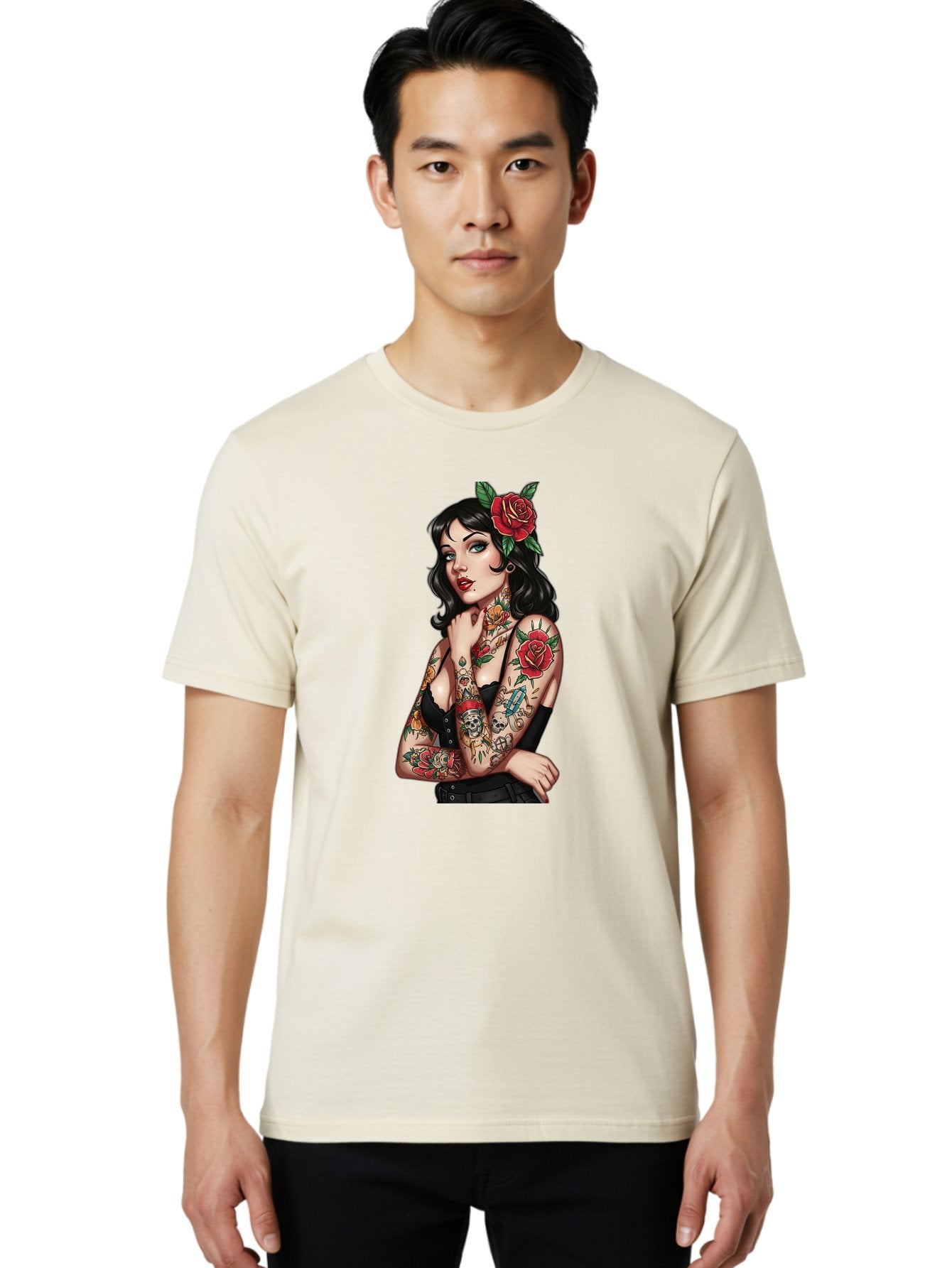 Pin-Up-Girl-Tattoos Men'S Graphic Tee, 100% Cotton, Comfortable Casual Summer Wear, Machine Washable, Tattooed Pin-Up Girl, Vintage Style, Rose In Hair, Arm Tattoos, Roses, Skull, Dagger, Edgy, Feminine Charm, Classic Tattoo Art, Body Art Bad417 26