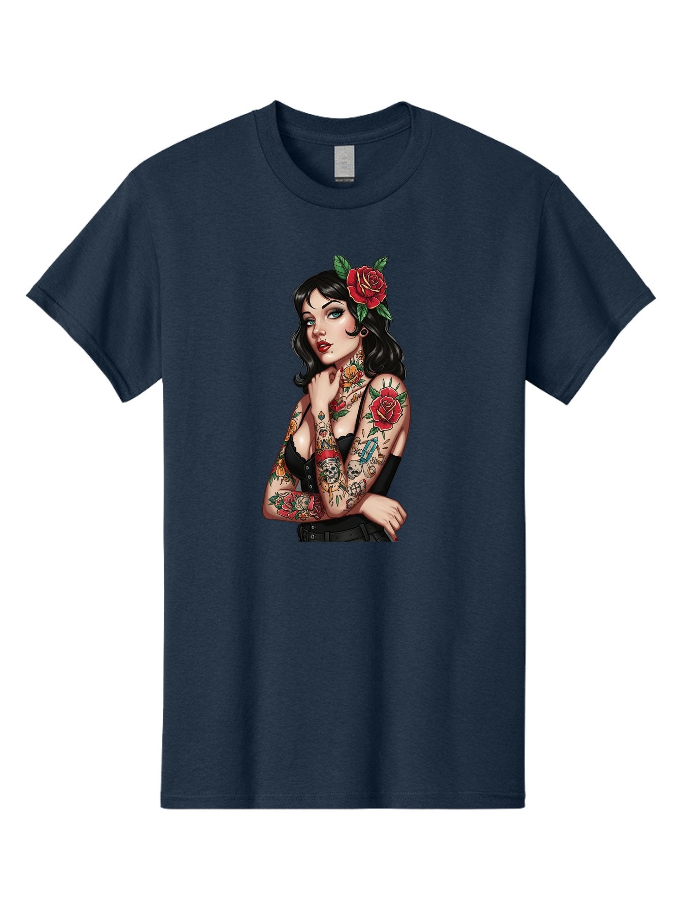 Pin-Up-Girl-Tattoos Men'S Graphic Tee, 100% Cotton, Comfortable Casual Summer Wear, Machine Washable, Tattooed Pin-Up Girl, Vintage Style, Rose In Hair, Arm Tattoos, Roses, Skull, Dagger, Edgy, Feminine Charm, Classic Tattoo Art, Body Art Bad417 4