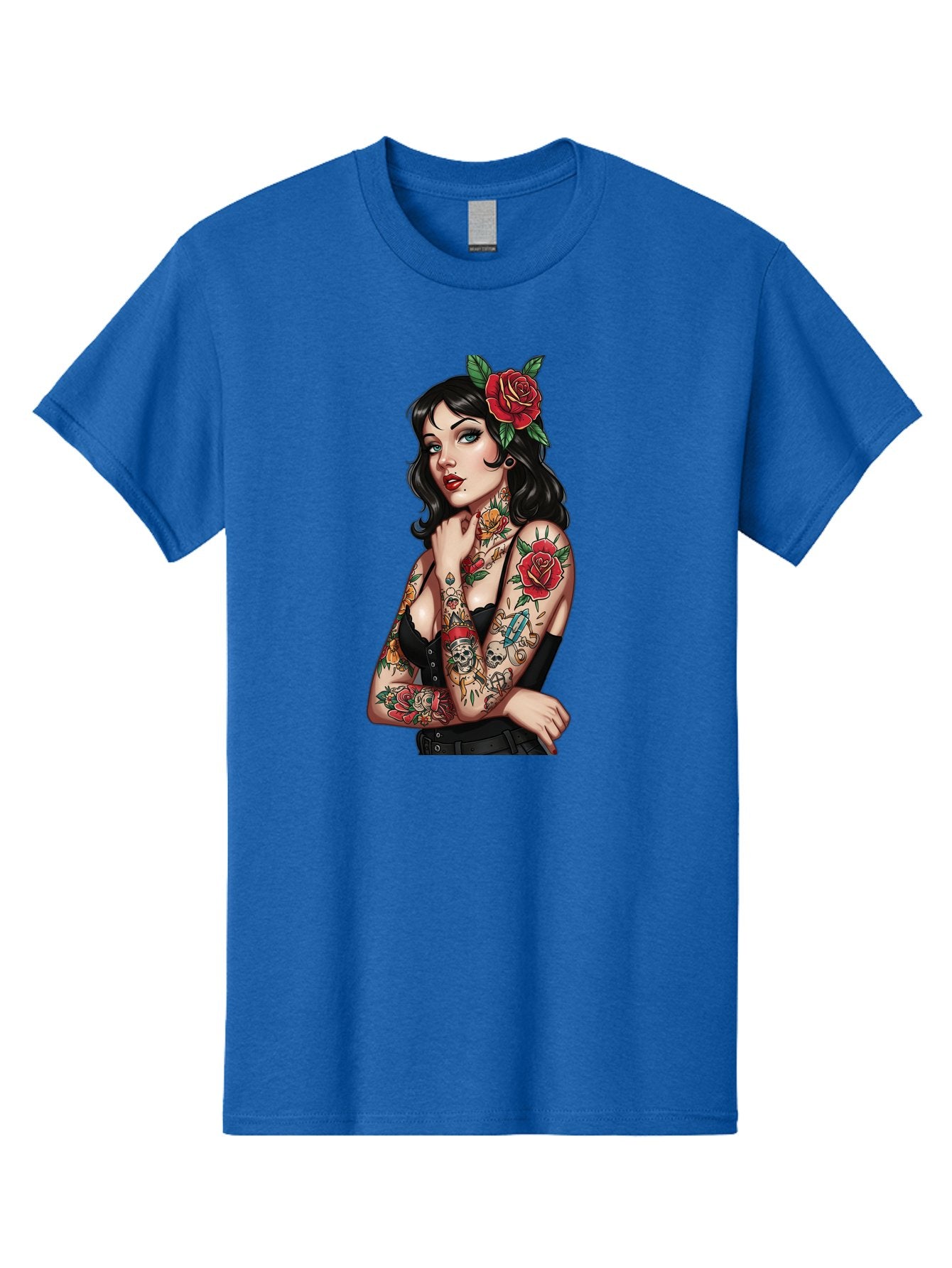 Pin-Up-Girl-Tattoos Men'S Graphic Tee, 100% Cotton, Comfortable Casual Summer Wear, Machine Washable, Tattooed Pin-Up Girl, Vintage Style, Rose In Hair, Arm Tattoos, Roses, Skull, Dagger, Edgy, Feminine Charm, Classic Tattoo Art, Body Art Bad417 13
