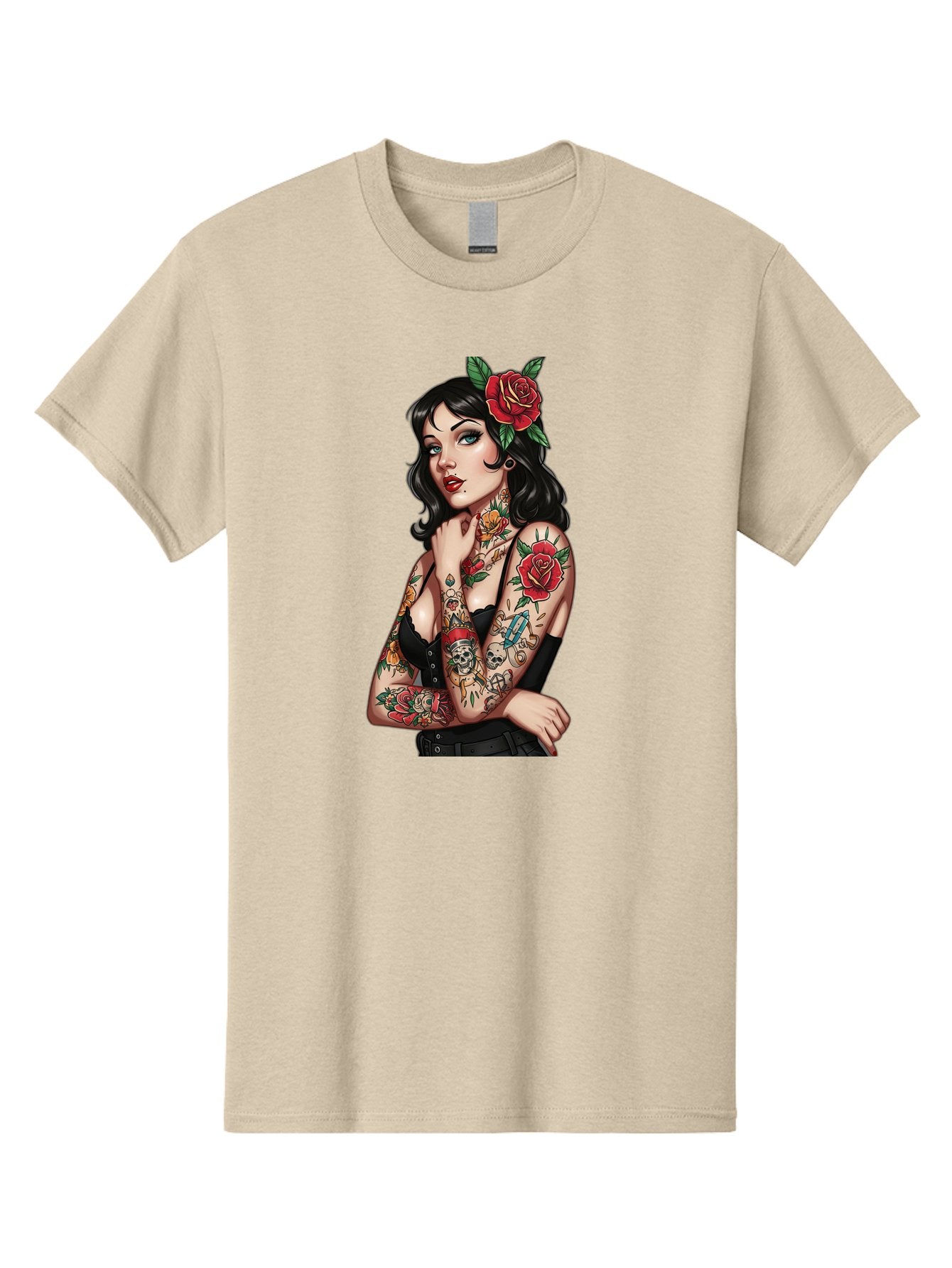 Pin-Up-Girl-Tattoos Men'S Graphic Tee, 100% Cotton, Comfortable Casual Summer Wear, Machine Washable, Tattooed Pin-Up Girl, Vintage Style, Rose In Hair, Arm Tattoos, Roses, Skull, Dagger, Edgy, Feminine Charm, Classic Tattoo Art, Body Art Bad417