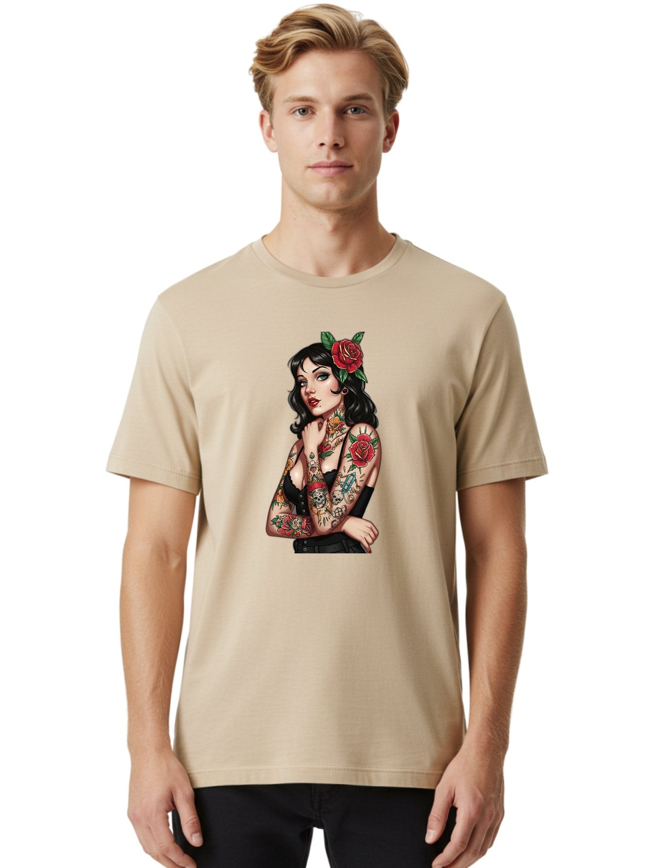 Pin-Up-Girl-Tattoos Men'S Graphic Tee, 100% Cotton, Comfortable Casual Summer Wear, Machine Washable, Tattooed Pin-Up Girl, Vintage Style, Rose In Hair, Arm Tattoos, Roses, Skull, Dagger, Edgy, Feminine Charm, Classic Tattoo Art, Body Art Bad417 21