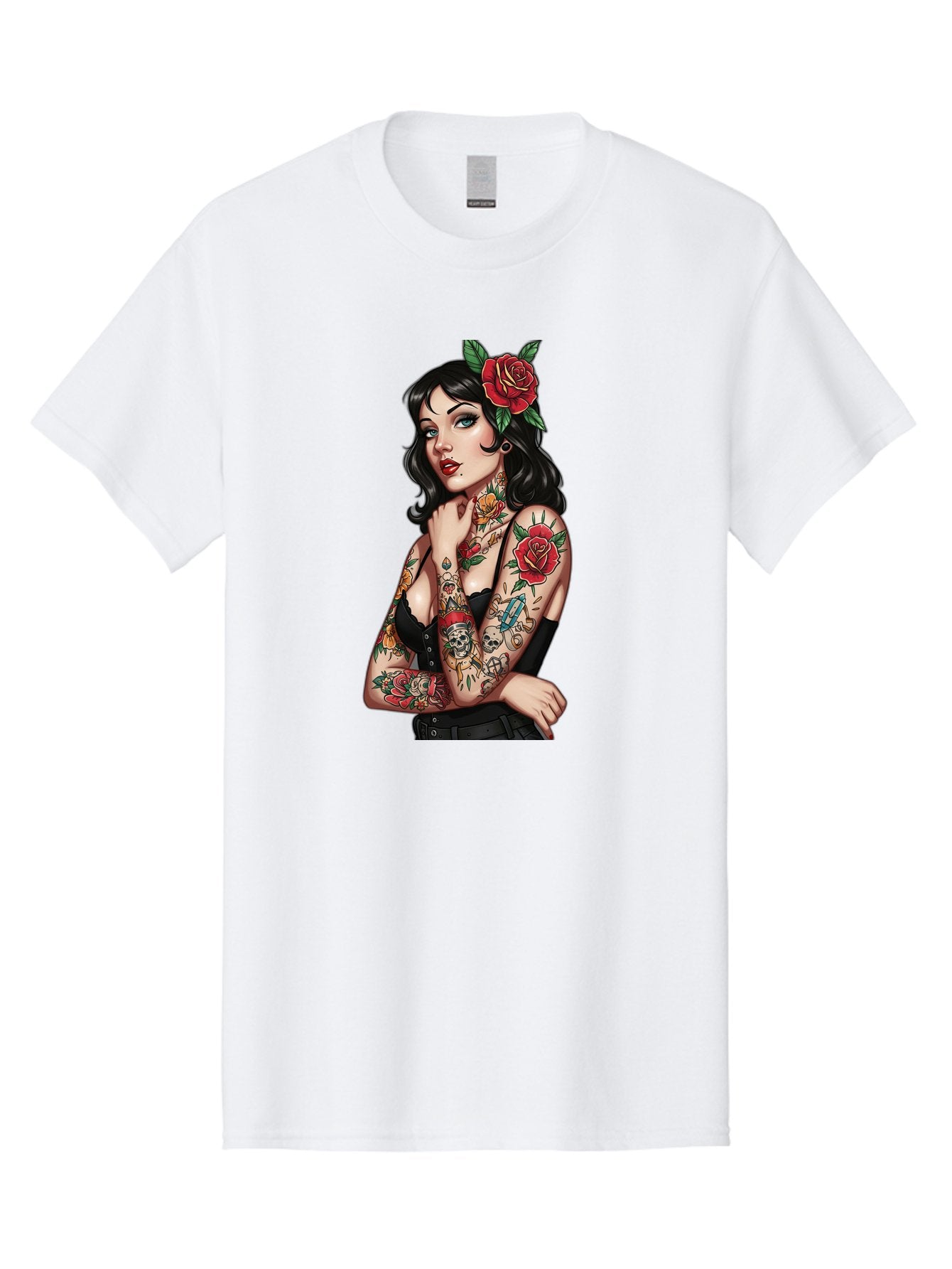 Pin-Up-Girl-Tattoos Men'S Graphic Tee, 100% Cotton, Comfortable Casual Summer Wear, Machine Washable, Tattooed Pin-Up Girl, Vintage Style, Rose In Hair, Arm Tattoos, Roses, Skull, Dagger, Edgy, Feminine Charm, Classic Tattoo Art, Body Art Bad417 3