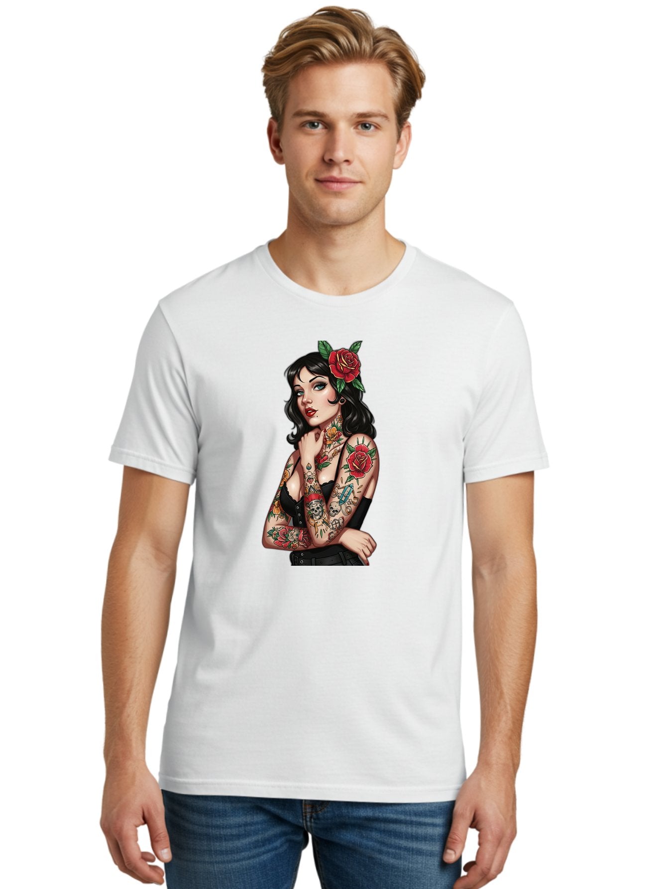 Pin-Up-Girl-Tattoos Men'S Graphic Tee, 100% Cotton, Comfortable Casual Summer Wear, Machine Washable, Tattooed Pin-Up Girl, Vintage Style, Rose In Hair, Arm Tattoos, Roses, Skull, Dagger, Edgy, Feminine Charm, Classic Tattoo Art, Body Art Bad417 22