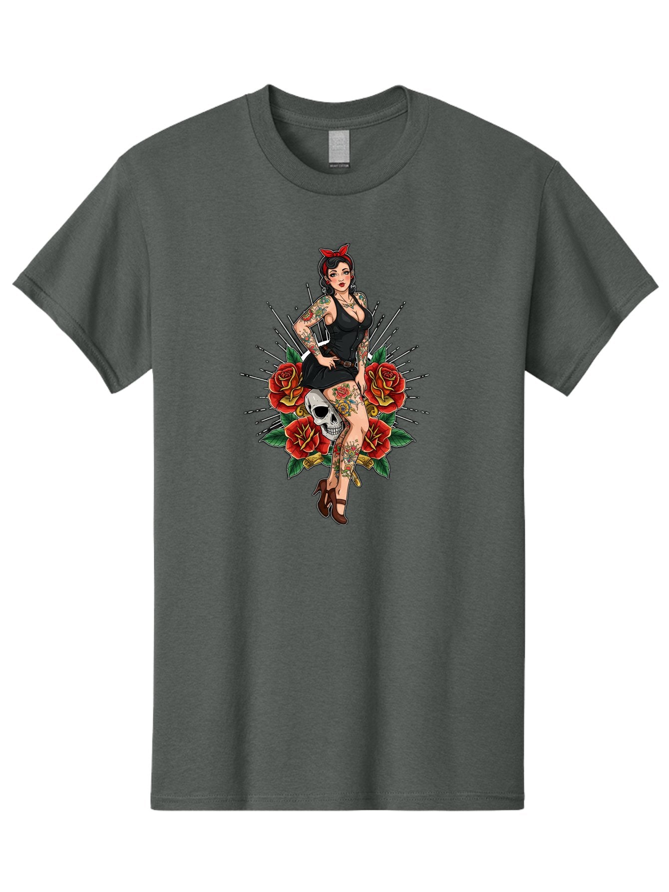 Pin-Up-Girl-With-Skull-And-Roses Men'S Graphic Tee, 100% Cotton, Comfortable Casual Summer Wear, Machine Washable, Pinup Girl, Tattoo Art, Red Roses, Skull, Daggers, Sexy Pose, Pin-Up Style, Vintage-Inspired, Bold Graphics, Feminine Charm, Bad418 15