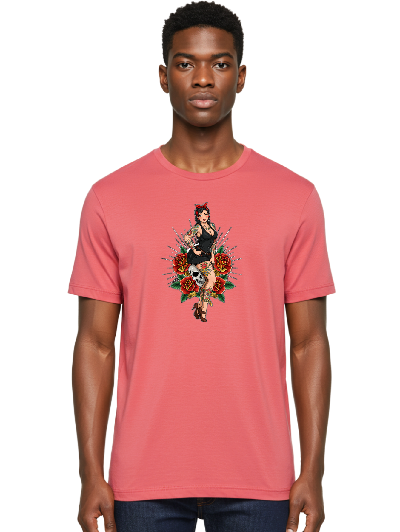 Pin-Up-Girl-With-Skull-And-Roses Men'S Graphic Tee, 100% Cotton, Comfortable Casual Summer Wear, Machine Washable, Pinup Girl, Tattoo Art, Red Roses, Skull, Daggers, Sexy Pose, Pin-Up Style, Vintage-Inspired, Bold Graphics, Feminine Charm, Bad418 28