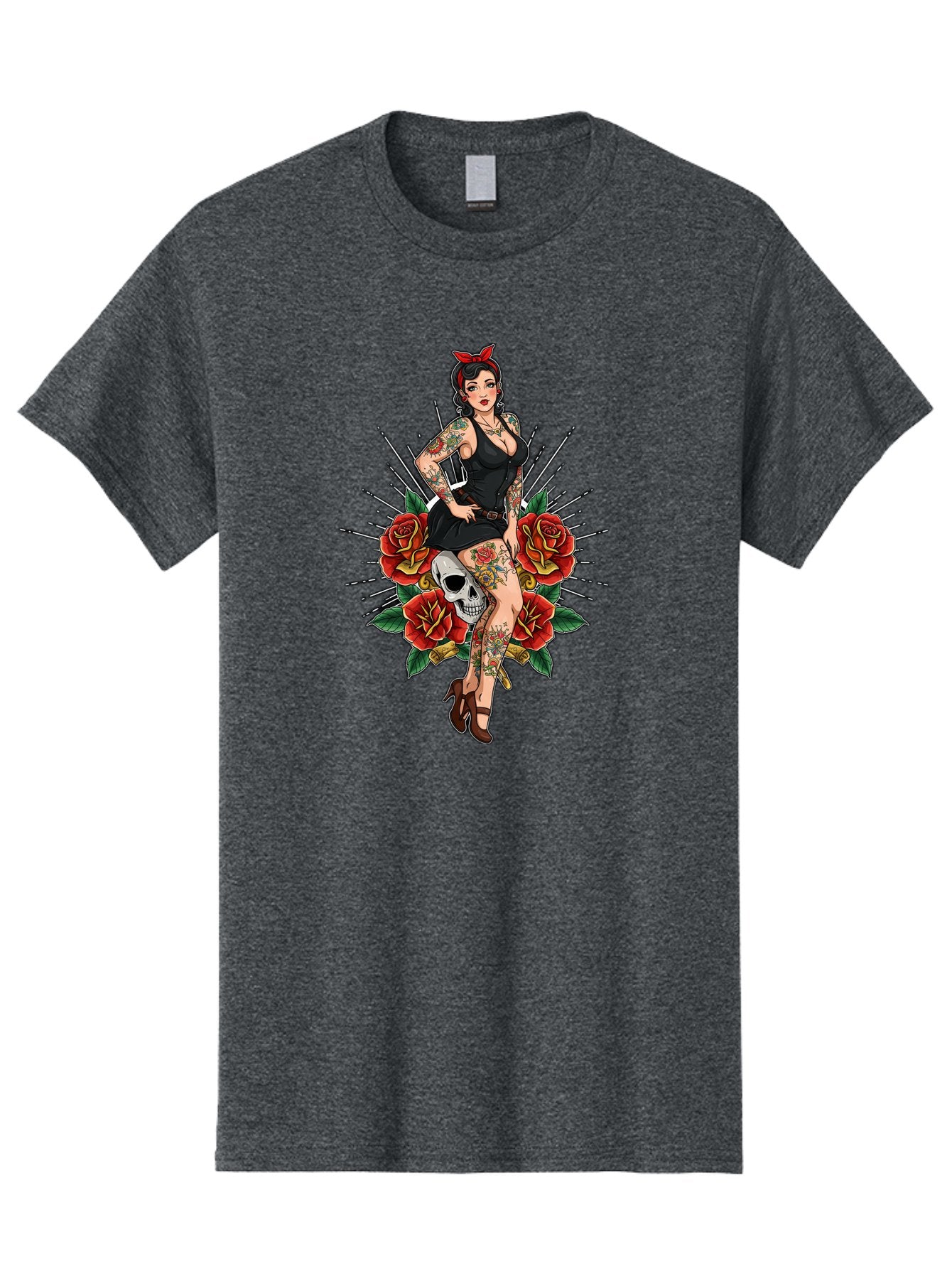 Pin-Up-Girl-With-Skull-And-Roses Men'S Graphic Tee, 100% Cotton, Comfortable Casual Summer Wear, Machine Washable, Pinup Girl, Tattoo Art, Red Roses, Skull, Daggers, Sexy Pose, Pin-Up Style, Vintage-Inspired, Bold Graphics, Feminine Charm, Bad418 11