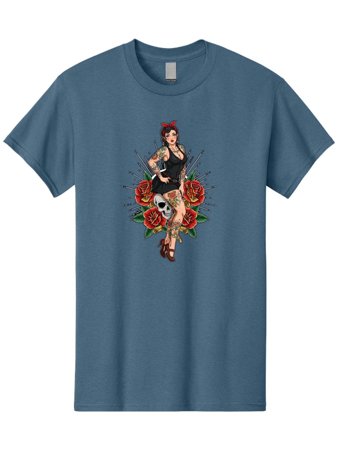 Pin-Up-Girl-With-Skull-And-Roses Men'S Graphic Tee, 100% Cotton, Comfortable Casual Summer Wear, Machine Washable, Pinup Girl, Tattoo Art, Red Roses, Skull, Daggers, Sexy Pose, Pin-Up Style, Vintage-Inspired, Bold Graphics, Feminine Charm, Bad418 14
