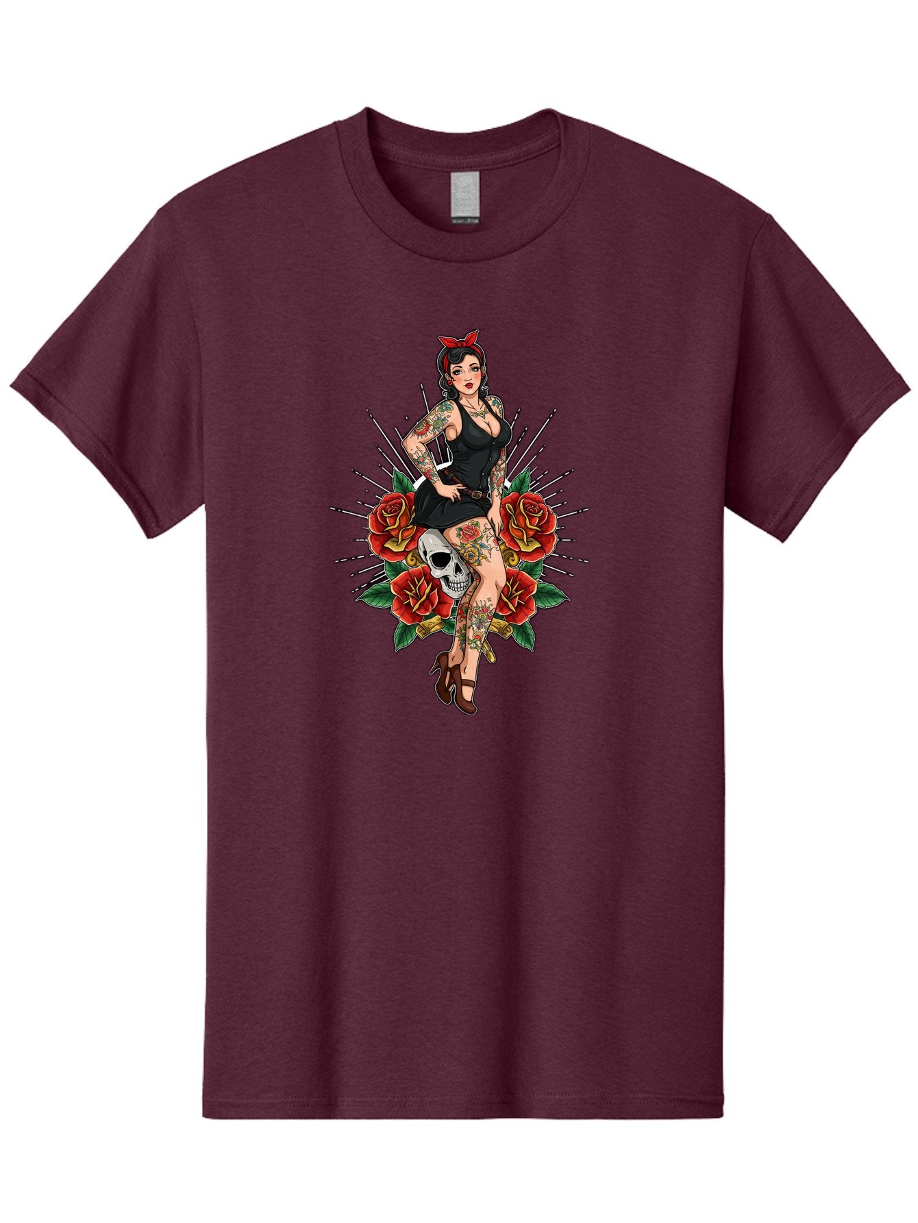 Pin-Up-Girl-With-Skull-And-Roses Men'S Graphic Tee, 100% Cotton, Comfortable Casual Summer Wear, Machine Washable, Pinup Girl, Tattoo Art, Red Roses, Skull, Daggers, Sexy Pose, Pin-Up Style, Vintage-Inspired, Bold Graphics, Feminine Charm, Bad418 3