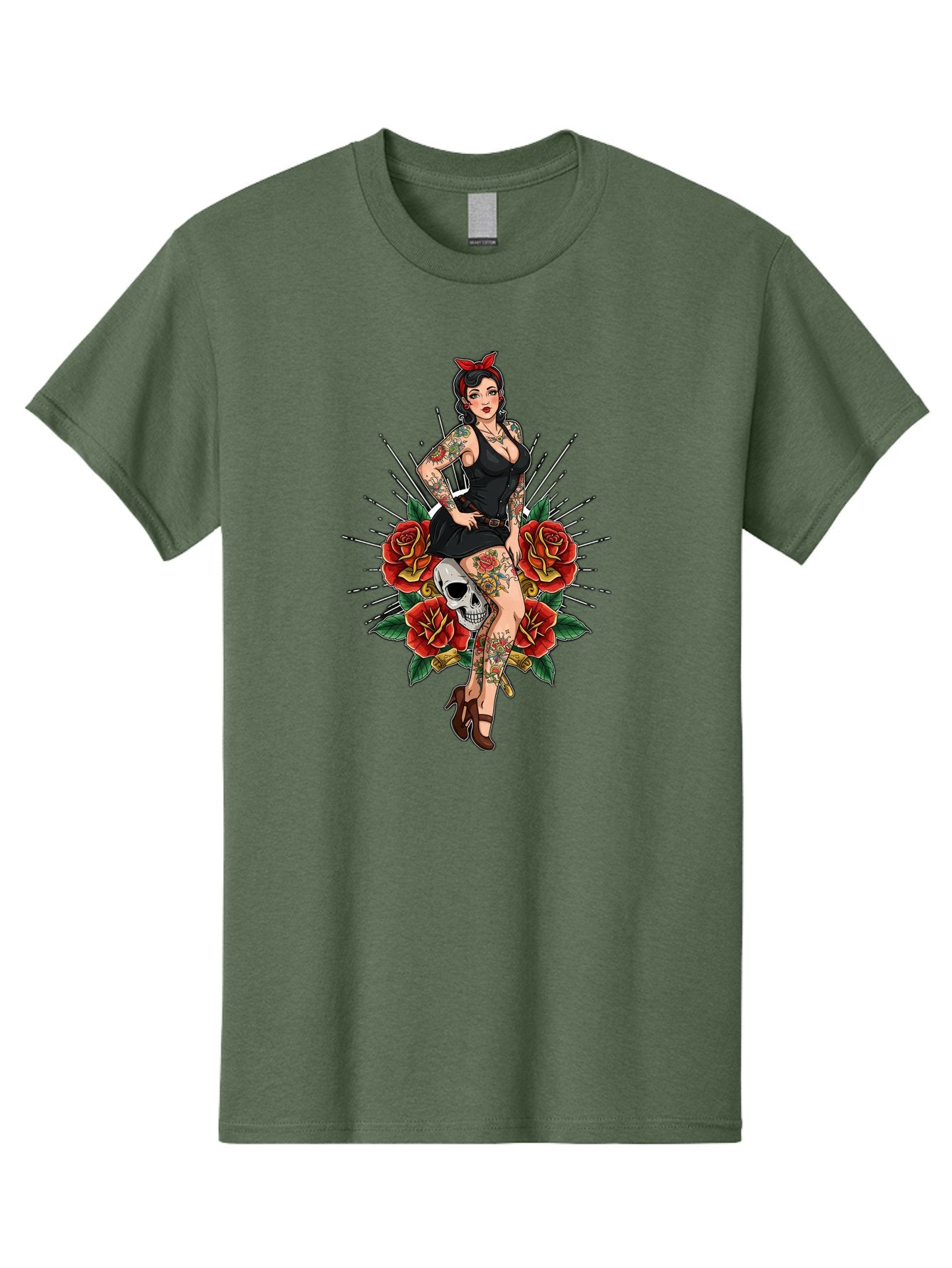 Pin-Up-Girl-With-Skull-And-Roses Men'S Graphic Tee, 100% Cotton, Comfortable Casual Summer Wear, Machine Washable, Pinup Girl, Tattoo Art, Red Roses, Skull, Daggers, Sexy Pose, Pin-Up Style, Vintage-Inspired, Bold Graphics, Feminine Charm, Bad418