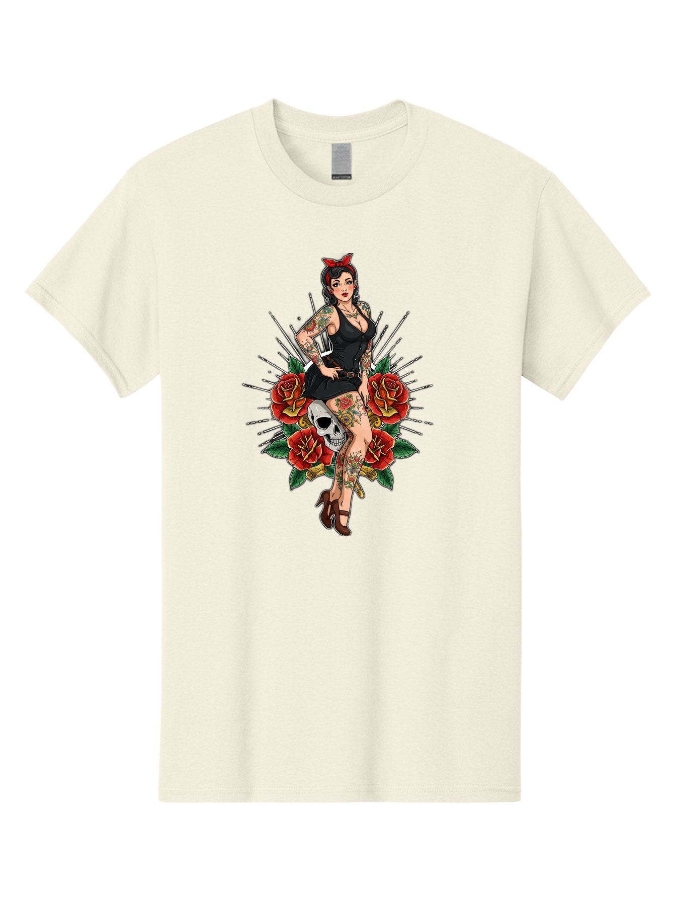 Pin-Up-Girl-With-Skull-And-Roses Men'S Graphic Tee, 100% Cotton, Comfortable Casual Summer Wear, Machine Washable, Pinup Girl, Tattoo Art, Red Roses, Skull, Daggers, Sexy Pose, Pin-Up Style, Vintage-Inspired, Bold Graphics, Feminine Charm, Bad418 13