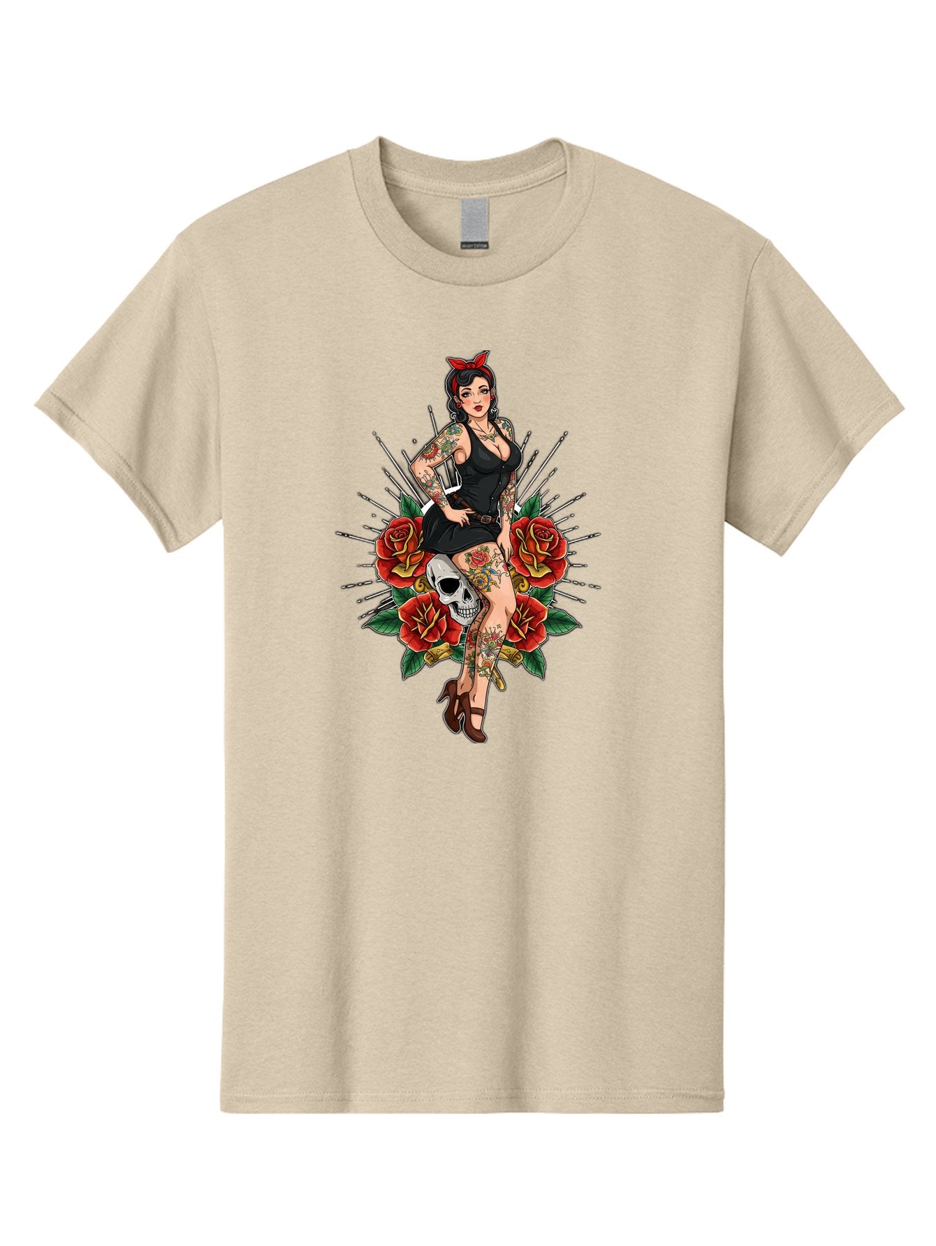 Pin-Up-Girl-With-Skull-And-Roses Men'S Graphic Tee, 100% Cotton, Comfortable Casual Summer Wear, Machine Washable, Pinup Girl, Tattoo Art, Red Roses, Skull, Daggers, Sexy Pose, Pin-Up Style, Vintage-Inspired, Bold Graphics, Feminine Charm, Bad418 10