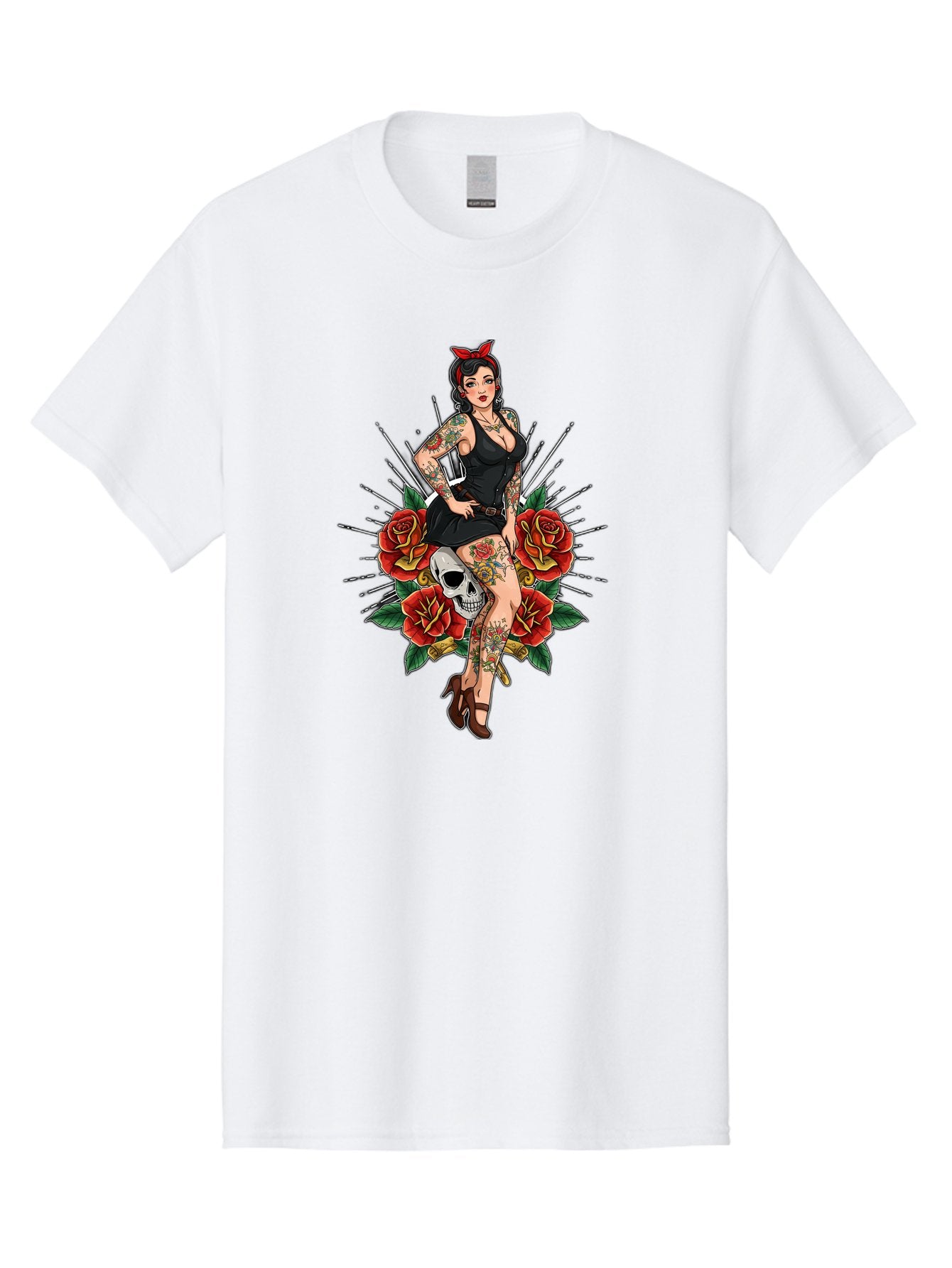 Pin-Up-Girl-With-Skull-And-Roses Men'S Graphic Tee, 100% Cotton, Comfortable Casual Summer Wear, Machine Washable, Pinup Girl, Tattoo Art, Red Roses, Skull, Daggers, Sexy Pose, Pin-Up Style, Vintage-Inspired, Bold Graphics, Feminine Charm, Bad418