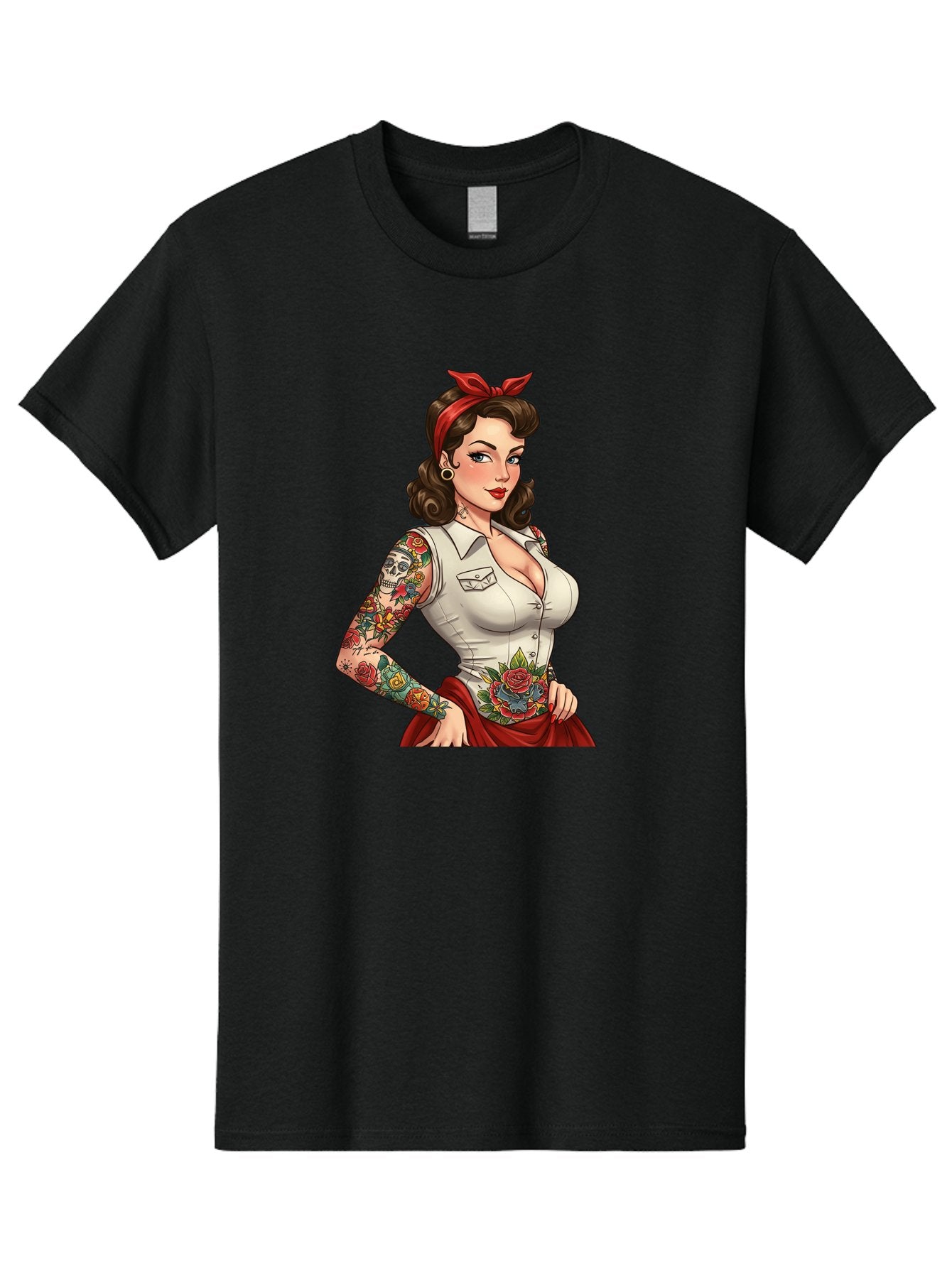 Pin-Up-Girl Men'S Graphic Tee, 100% Cotton, Comfortable Casual Summer Wear, Machine Washable, Pin-Up Girl, Vintage Style, Tattoos, Red Skirt, White Shirt, Curvy Figure, Cartoon Character, Retro Aesthetic, Feminine Charm, Bold And Sassy, Bad419 8