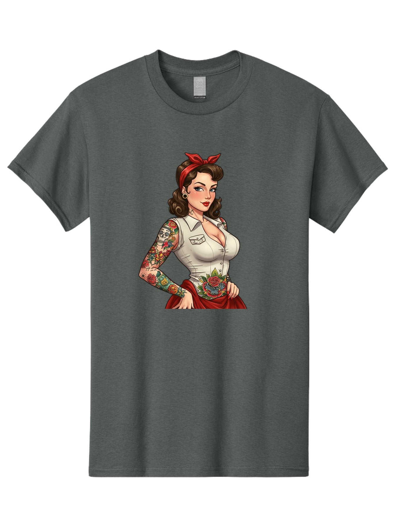 Pin-Up-Girl Men'S Graphic Tee, 100% Cotton, Comfortable Casual Summer Wear, Machine Washable, Pin-Up Girl, Vintage Style, Tattoos, Red Skirt, White Shirt, Curvy Figure, Cartoon Character, Retro Aesthetic, Feminine Charm, Bold And Sassy, Bad419