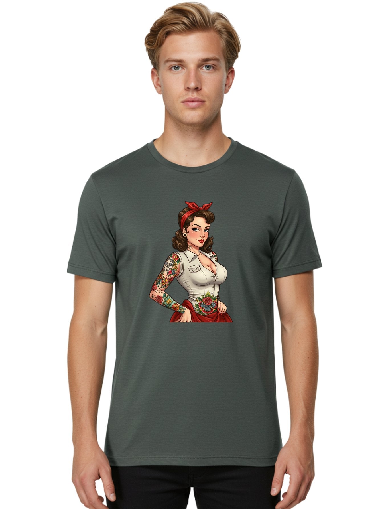 Pin-Up-Girl Men'S Graphic Tee, 100% Cotton, Comfortable Casual Summer Wear, Machine Washable, Pin-Up Girl, Vintage Style, Tattoos, Red Skirt, White Shirt, Curvy Figure, Cartoon Character, Retro Aesthetic, Feminine Charm, Bold And Sassy, Bad419 21