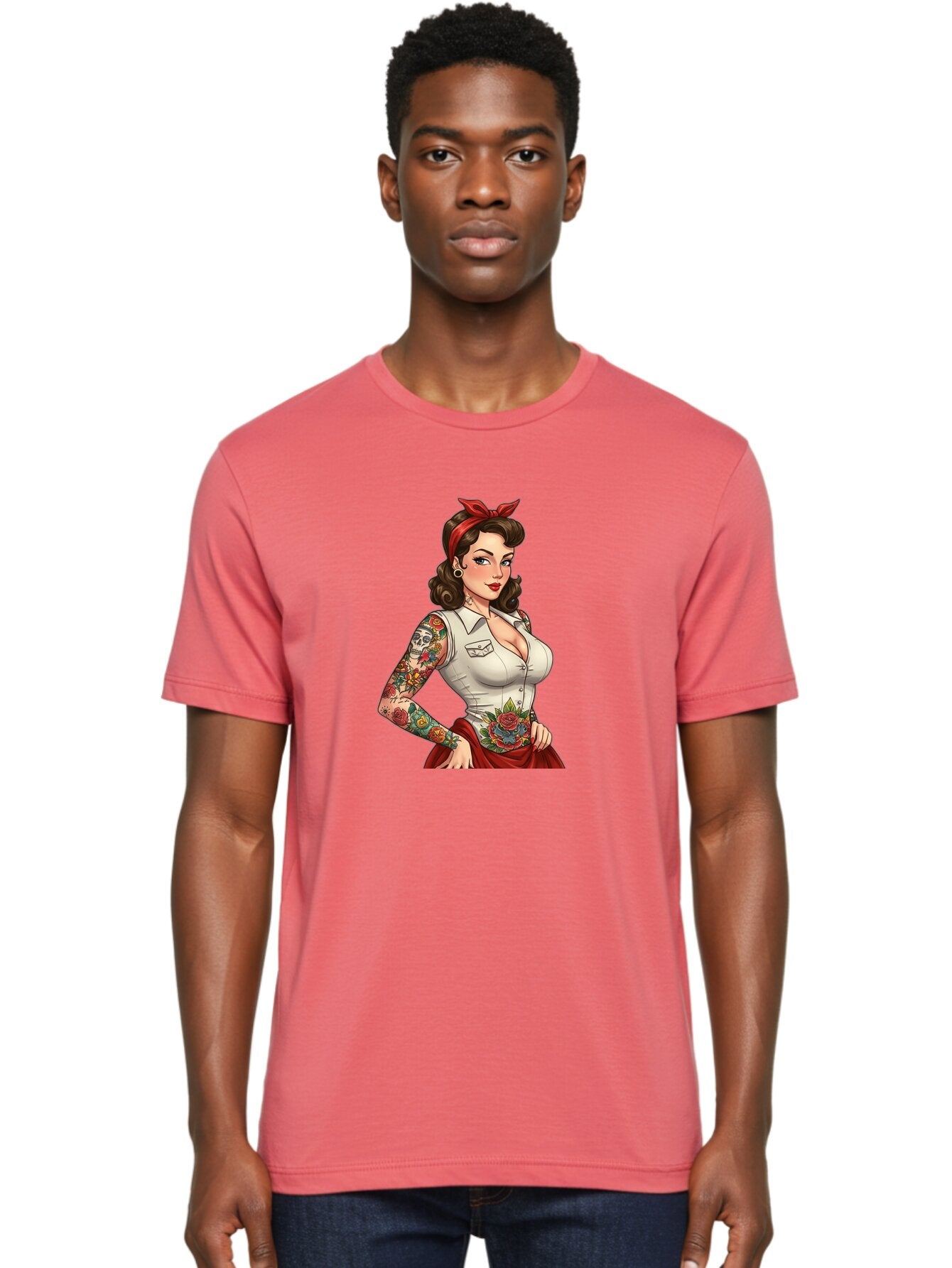 Pin-Up-Girl Men'S Graphic Tee, 100% Cotton, Comfortable Casual Summer Wear, Machine Washable, Pin-Up Girl, Vintage Style, Tattoos, Red Skirt, White Shirt, Curvy Figure, Cartoon Character, Retro Aesthetic, Feminine Charm, Bold And Sassy, Bad419 18