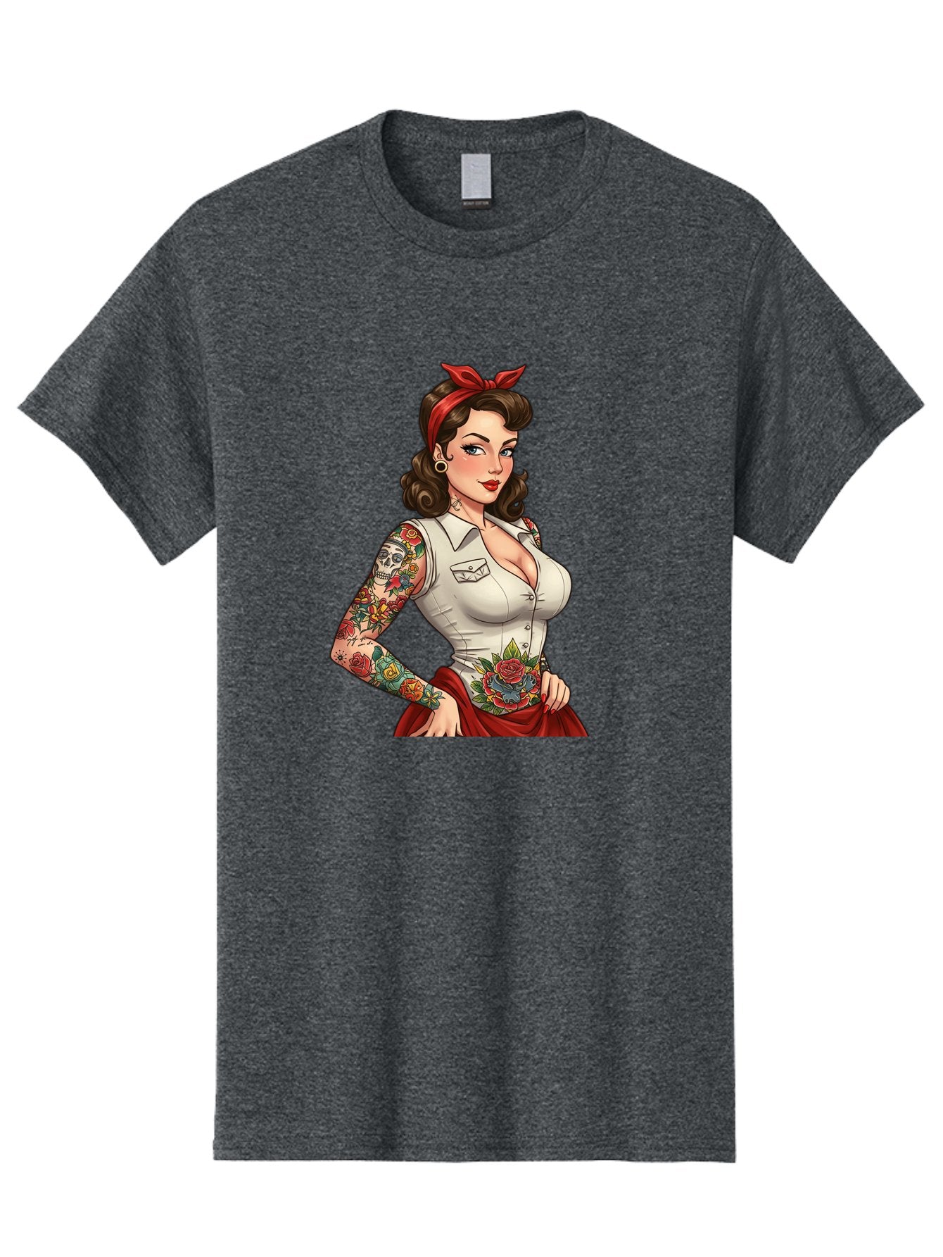Pin-Up-Girl Men'S Graphic Tee, 100% Cotton, Comfortable Casual Summer Wear, Machine Washable, Pin-Up Girl, Vintage Style, Tattoos, Red Skirt, White Shirt, Curvy Figure, Cartoon Character, Retro Aesthetic, Feminine Charm, Bold And Sassy, Bad419 7