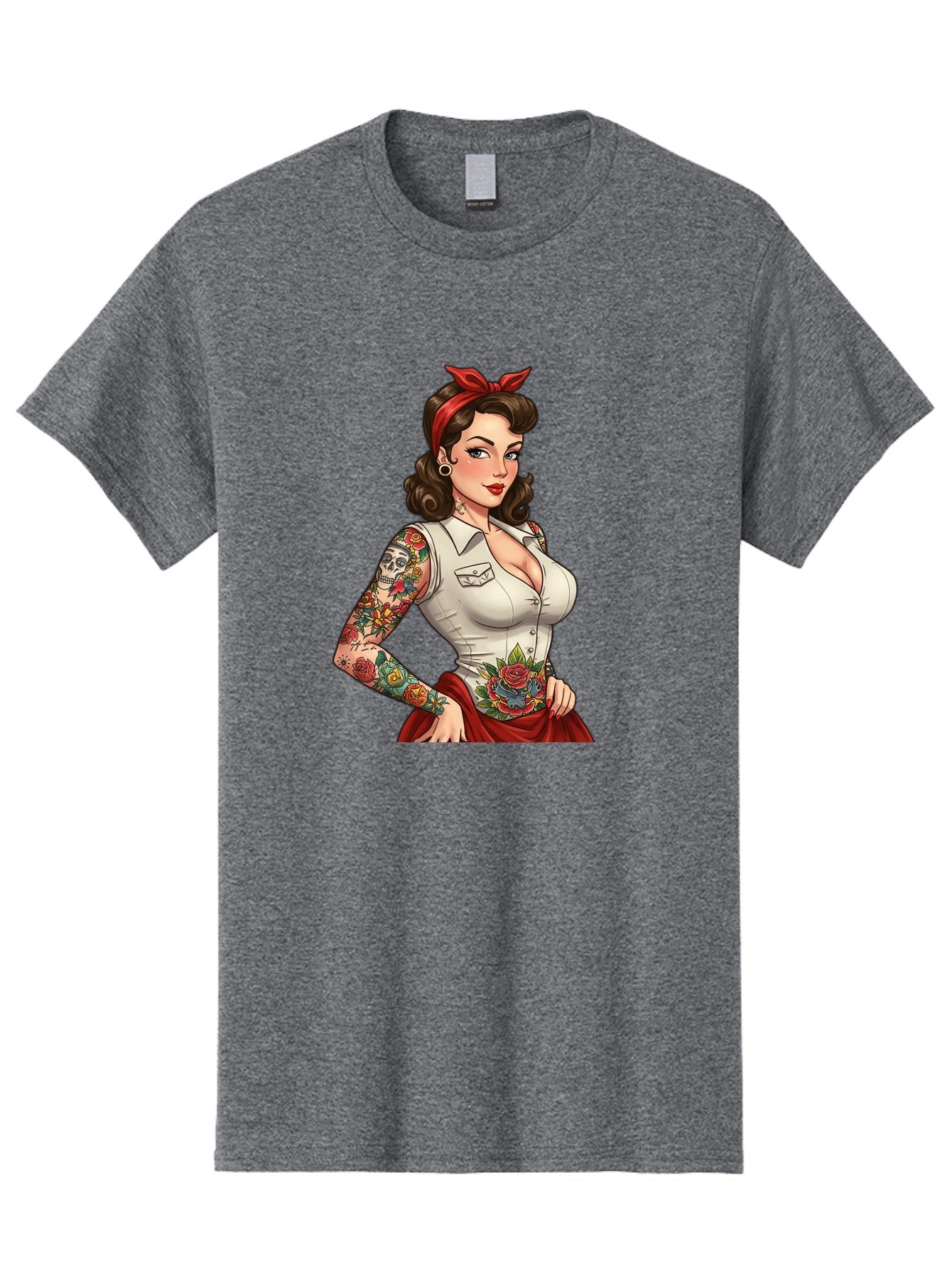 Pin-Up-Girl Men'S Graphic Tee, 100% Cotton, Comfortable Casual Summer Wear, Machine Washable, Pin-Up Girl, Vintage Style, Tattoos, Red Skirt, White Shirt, Curvy Figure, Cartoon Character, Retro Aesthetic, Feminine Charm, Bold And Sassy, Bad419 13