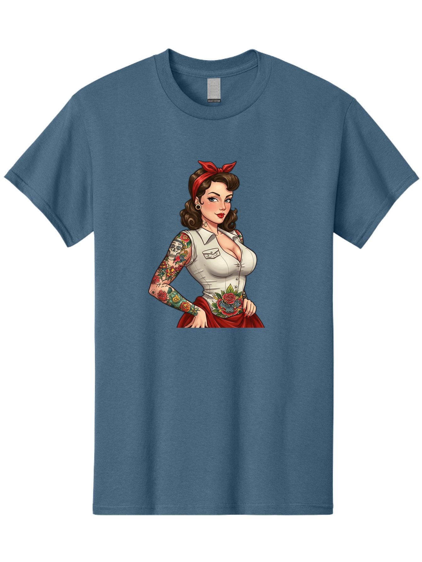 Pin-Up-Girl Men'S Graphic Tee, 100% Cotton, Comfortable Casual Summer Wear, Machine Washable, Pin-Up Girl, Vintage Style, Tattoos, Red Skirt, White Shirt, Curvy Figure, Cartoon Character, Retro Aesthetic, Feminine Charm, Bold And Sassy, Bad419 10