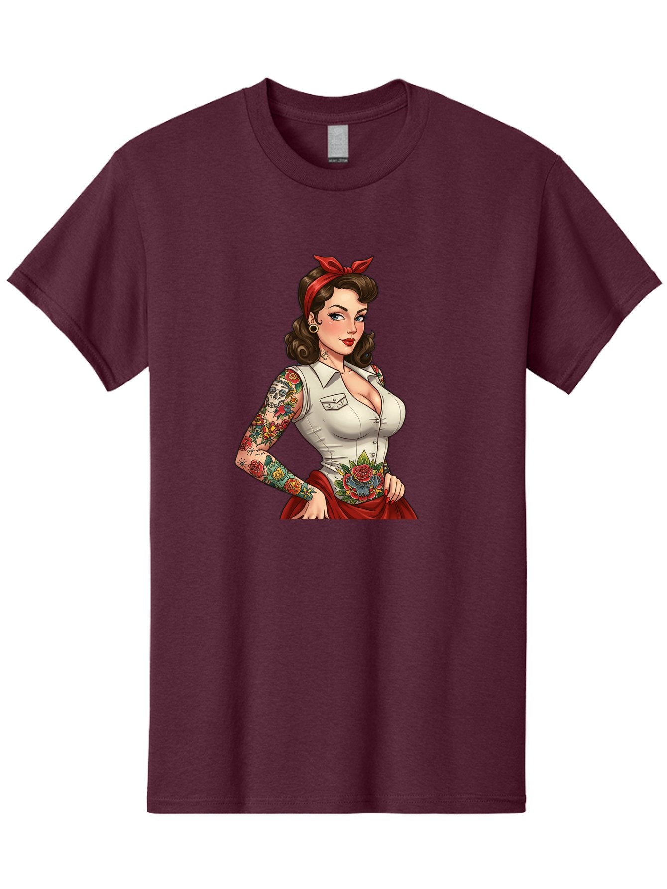 Pin-Up-Girl Men'S Graphic Tee, 100% Cotton, Comfortable Casual Summer Wear, Machine Washable, Pin-Up Girl, Vintage Style, Tattoos, Red Skirt, White Shirt, Curvy Figure, Cartoon Character, Retro Aesthetic, Feminine Charm, Bold And Sassy, Bad419 14