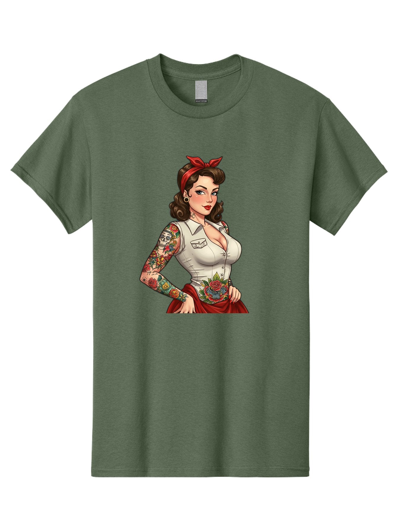 Pin-Up-Girl Men'S Graphic Tee, 100% Cotton, Comfortable Casual Summer Wear, Machine Washable, Pin-Up Girl, Vintage Style, Tattoos, Red Skirt, White Shirt, Curvy Figure, Cartoon Character, Retro Aesthetic, Feminine Charm, Bold And Sassy, Bad419 5