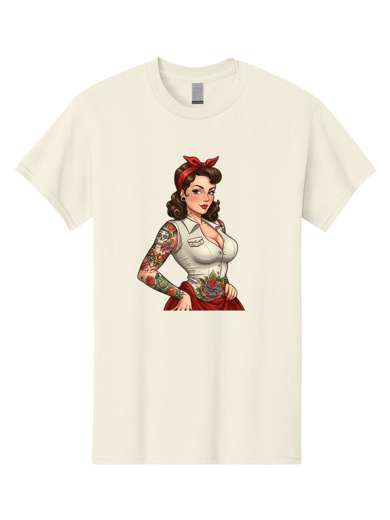Pin-Up-Girl Men'S Graphic Tee, 100% Cotton, Comfortable Casual Summer Wear, Machine Washable, Pin-Up Girl, Vintage Style, Tattoos, Red Skirt, White Shirt, Curvy Figure, Cartoon Character, Retro Aesthetic, Feminine Charm, Bold And Sassy, Bad419